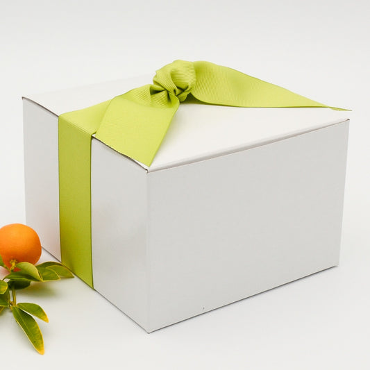 Gift box with lime green gros grain ribbon and selection of eight greeting cards, which may be personalized