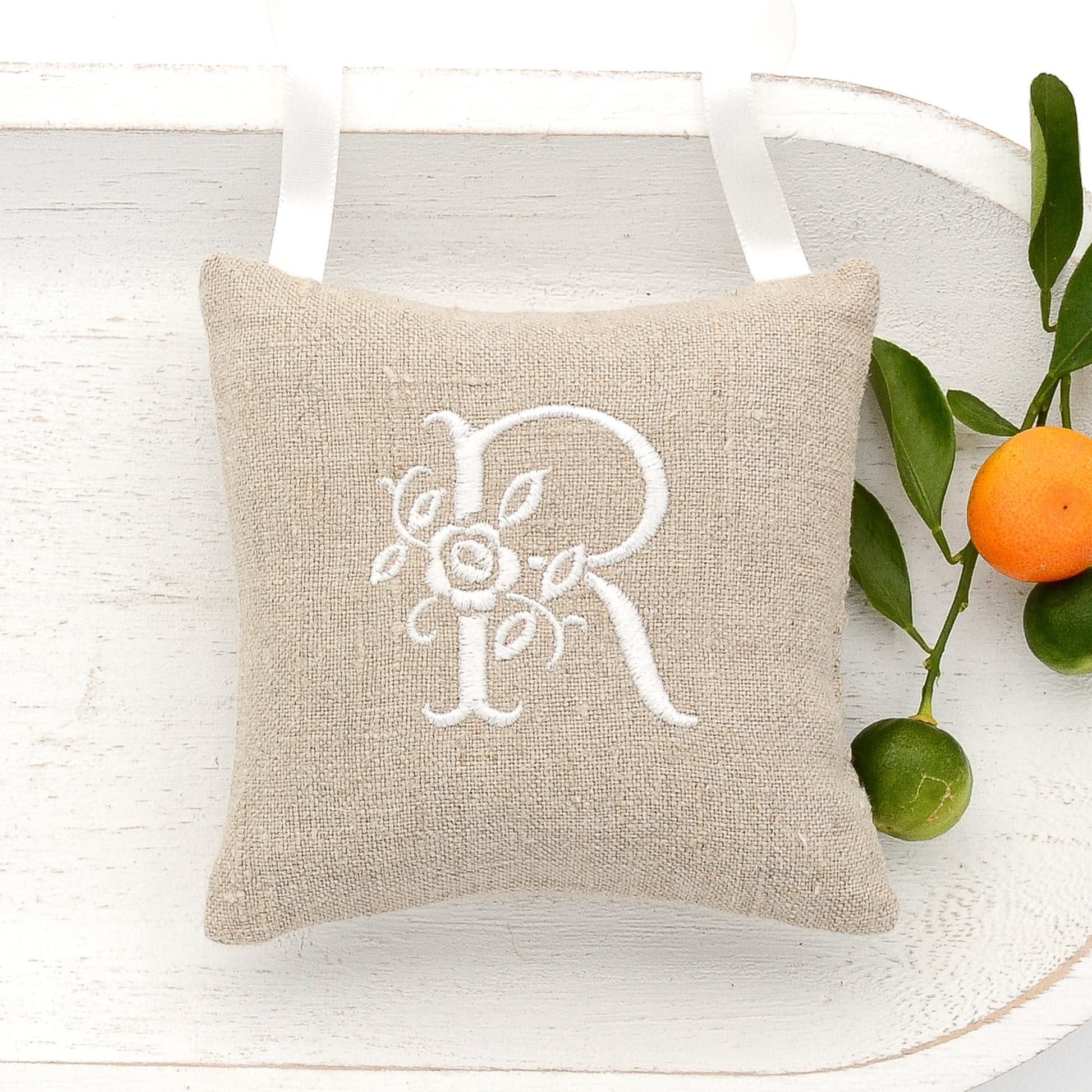 Vintage German mangle cloth natural tone linen lavender sachet square, letter "R" monogram (all letters available) embroidered in white satin stitch, white satin ribbon tie, filled with high quality lavender from Provence France