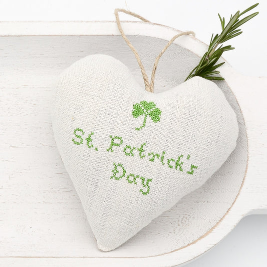 Antique European white linen lavender sachet heart, four leaf clover and "St. Patrick's Day" embroidered in green cross stitch, hemp twine tie, filled with high quality lavender from Provence France