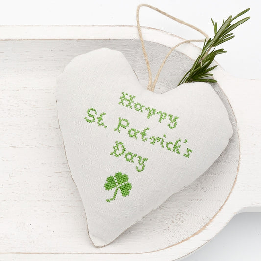 Antique European white linen lavender sachet heart, "Happy St. Patrick's Day" and four leaf clover embroidered in green cross stitch, hemp twine tie, filled with high quality lavender from Provence France