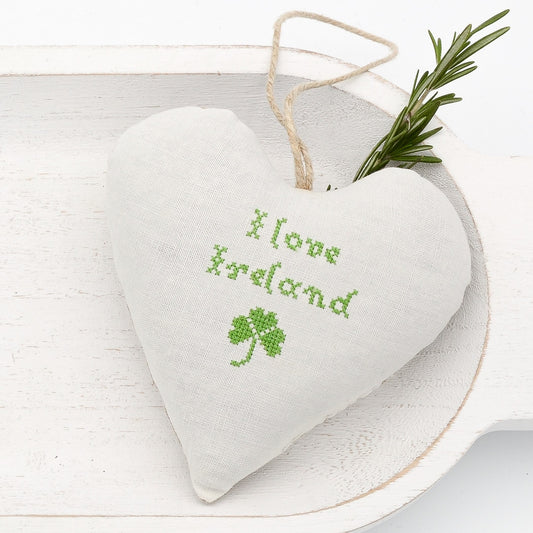 Antique European white linen lavender sachet heart, "I love Ireland" and four leaf clover embroidered in green cross stitch, hemp twine tie, filled with high quality lavender from Provence France