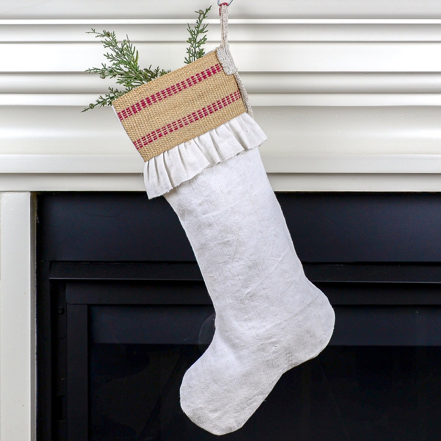 Grain Sack Linen Christmas Stocking - Rustic Farmhouse/Country Decor