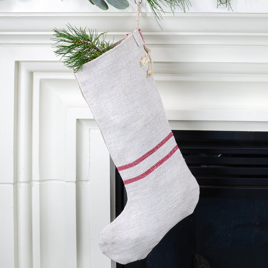 Rustic Linen Christmas Stocking - Holiday Country/Farmhouse Decor