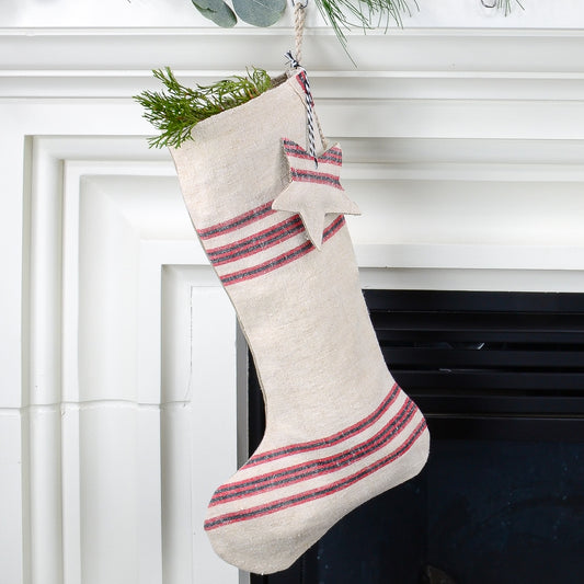 Vintage Linen Christmas Stocking - Rustic Country/Farmhouse Decor