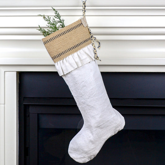 Grain Sack Linen Christmas Stocking - Rustic Country/Farmhouse Decor