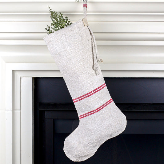 Antique Linen Grain Sack Christmas Stocking - Rustic Modern/Farmhouse