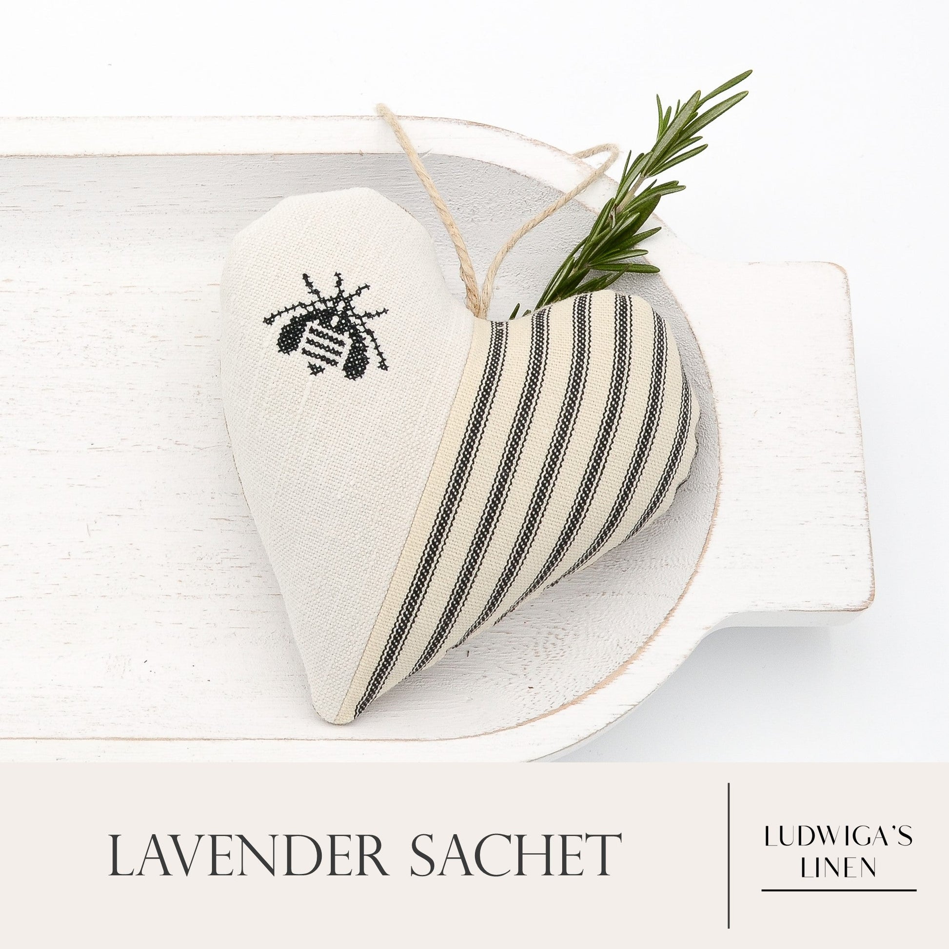 Antique/vintage French/German linen and black-striped cotton ticking lavender sachet heart, hemp twine tie and filled with high quality lavender from Provence France