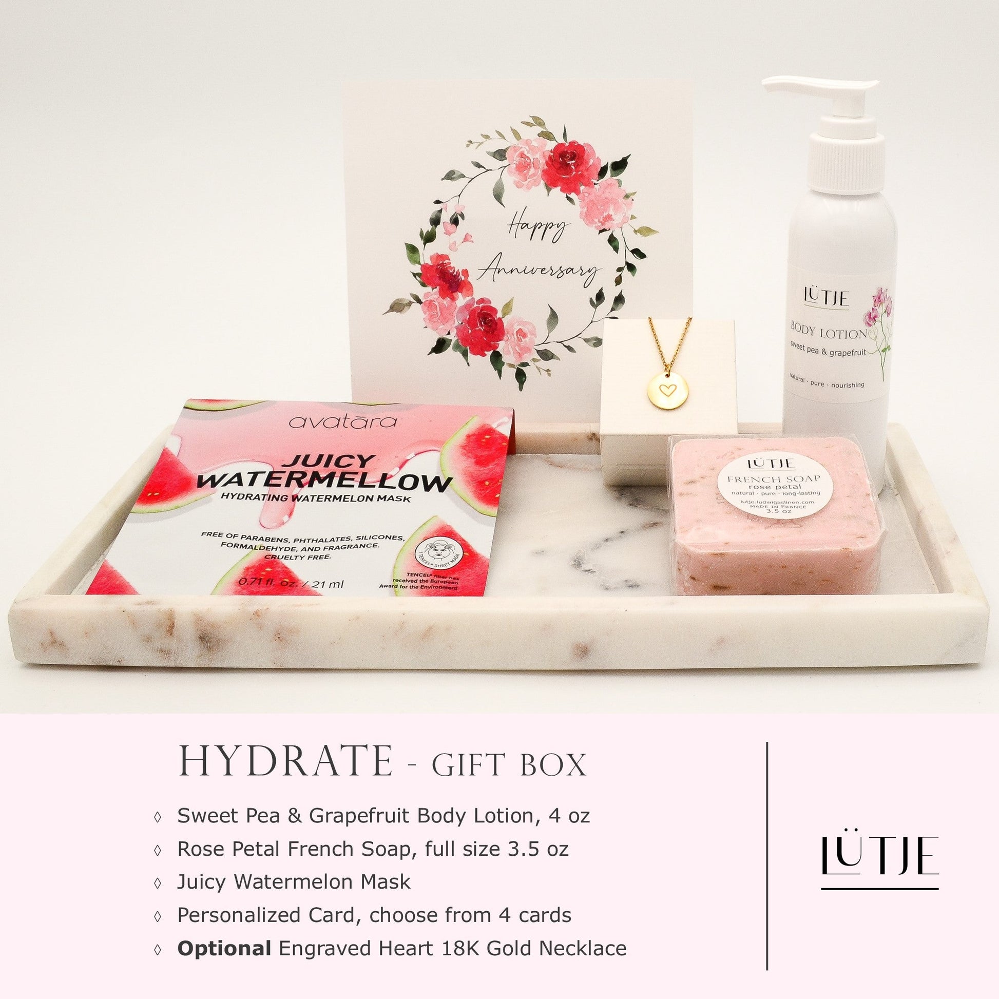 Hydrate Gift Box for women, daughter, mom, BFF, wife, sister or grandma, includes Sweet Pea & Grapefruit body lotion, French soap, hydrating face mask, and 18K gold-plated necklace with engraved heart.