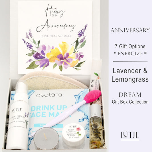 Gift Boxes for women, wife, daughter, BFF, sister, mom, or grandma, includes Lavender & Lemongrass hand lotion spray and body lotion, essential oil, lip balm, soothing muscle balm, Bergamot & Pear room & linen spray, French soap, French bath salts, hydrating face mask, other bath, spa and self-care items, and 18K gold-plated necklace with engraved heart.