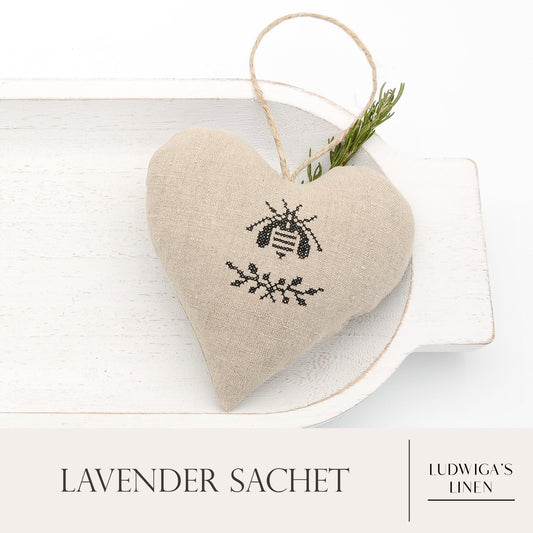 Vintage German mangle cloth linen lavender sachet heart, hemp twine tie and filled with high quality lavender from Provence France
