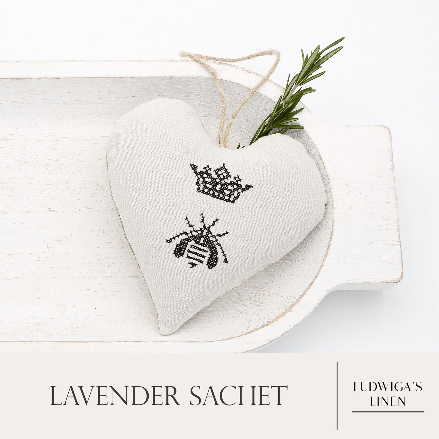 Antique/vintage French/German linen lavender sachet heart, hemp twine tie and filled with high quality lavender from Provence France