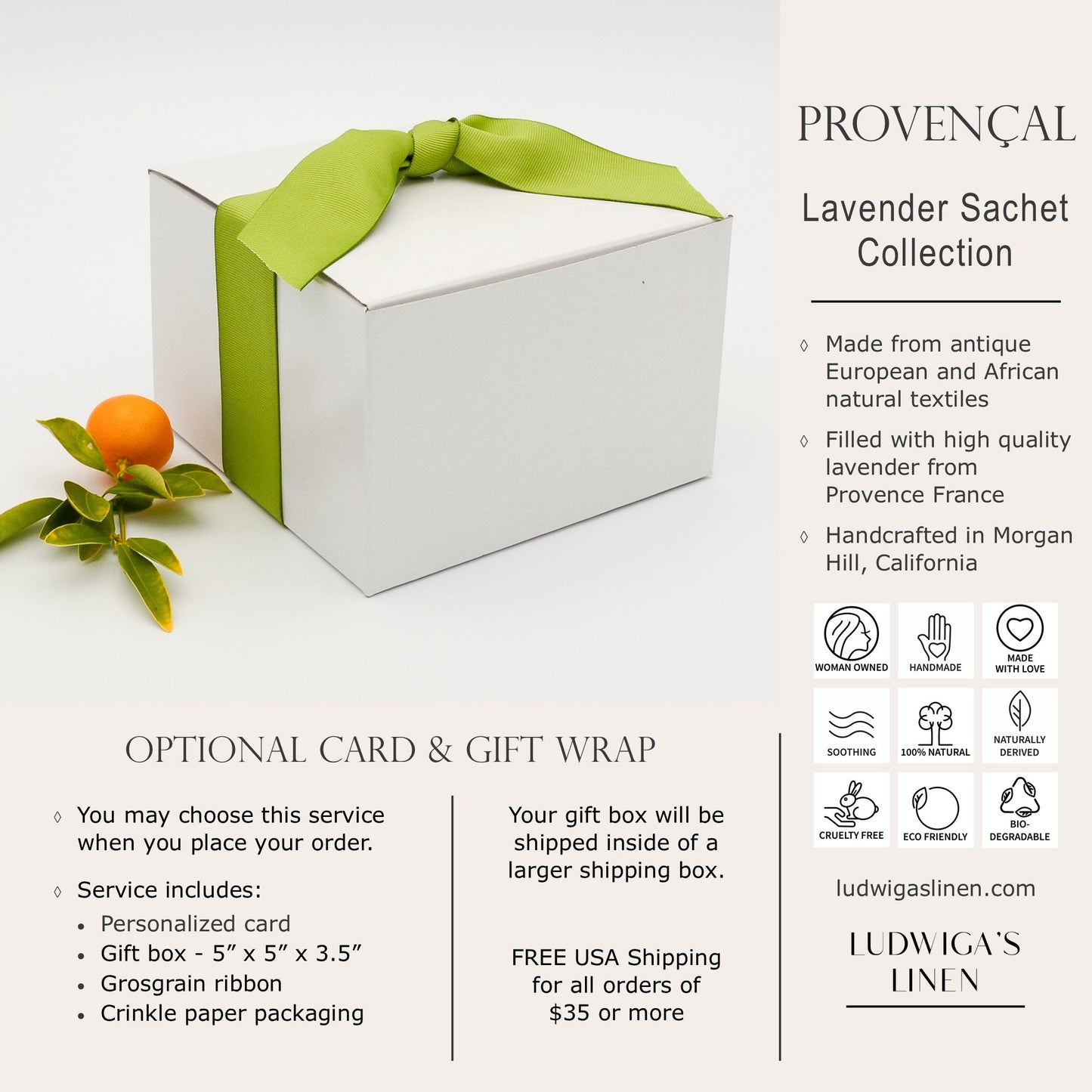 Optional gift box with green gros grain ribbon, information about Ludwiga's Linen Provençal sachet collection and shipping information