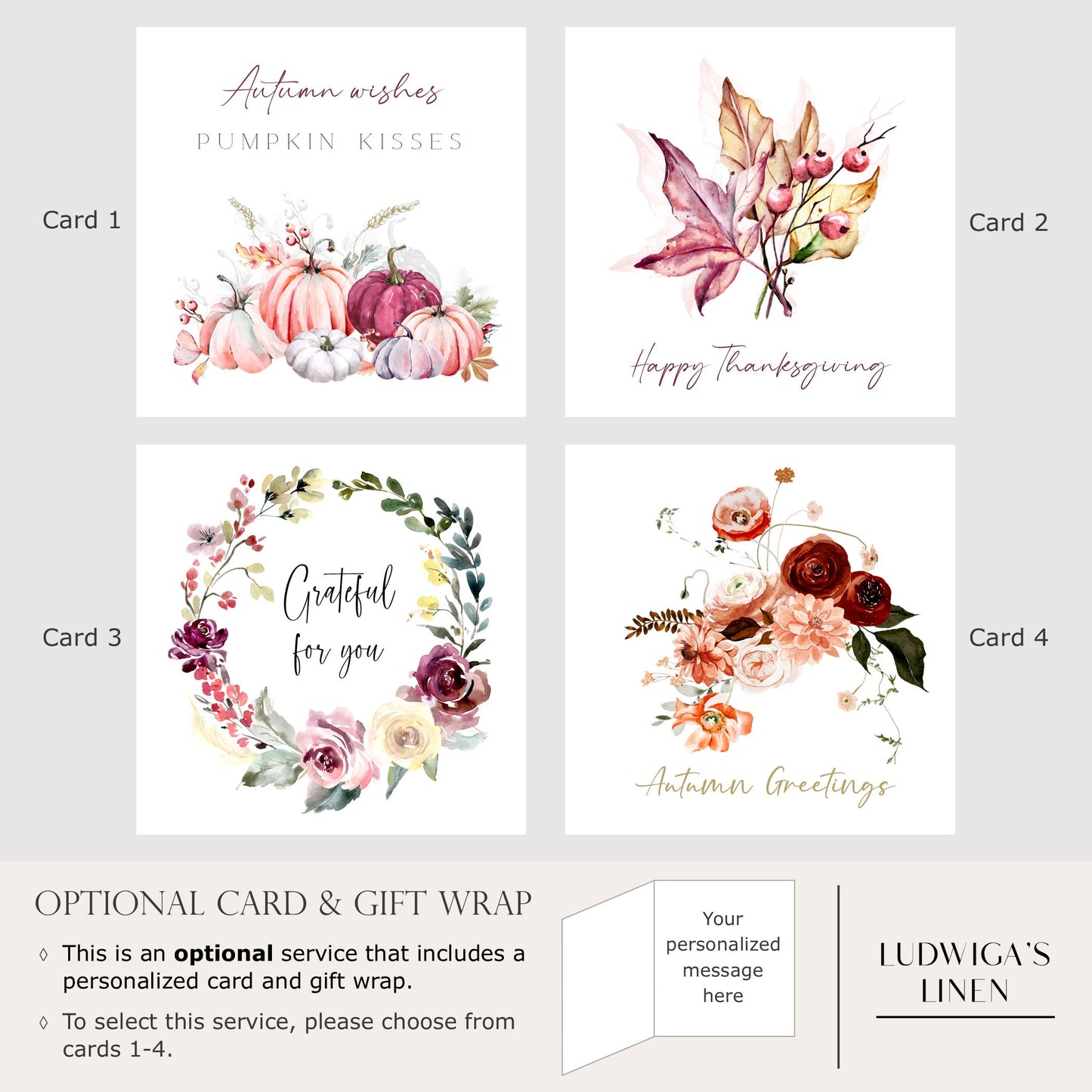 Optional gift box and selection of four greeting cards, each of which may be personalized
