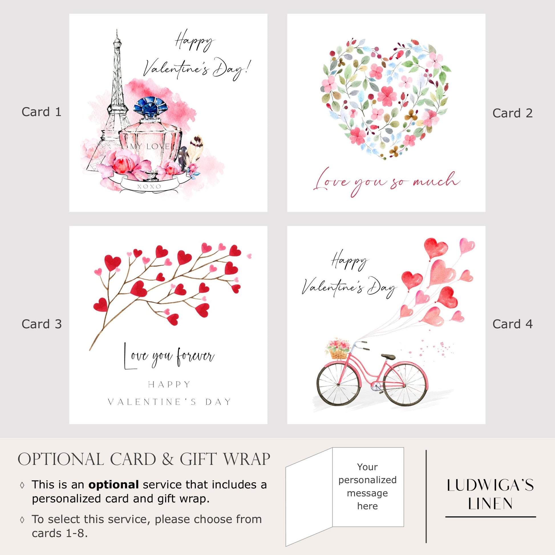 Optional gift box and selection of eight Valentine's Day cards, each of which may be personalized