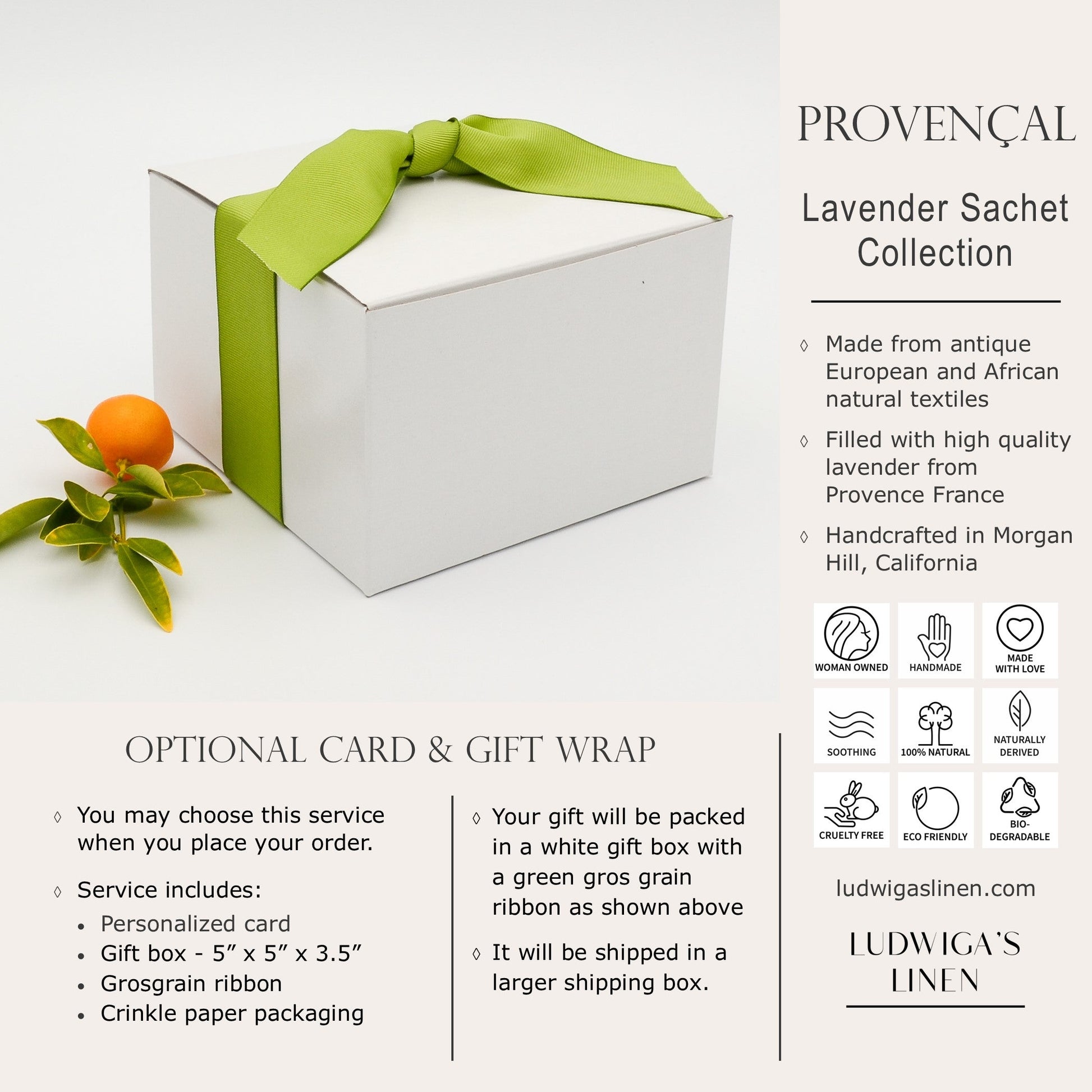 Optional gift box with green gros grain ribbon, information about Ludwiga's Linen Provençal sachet collection and shipping information