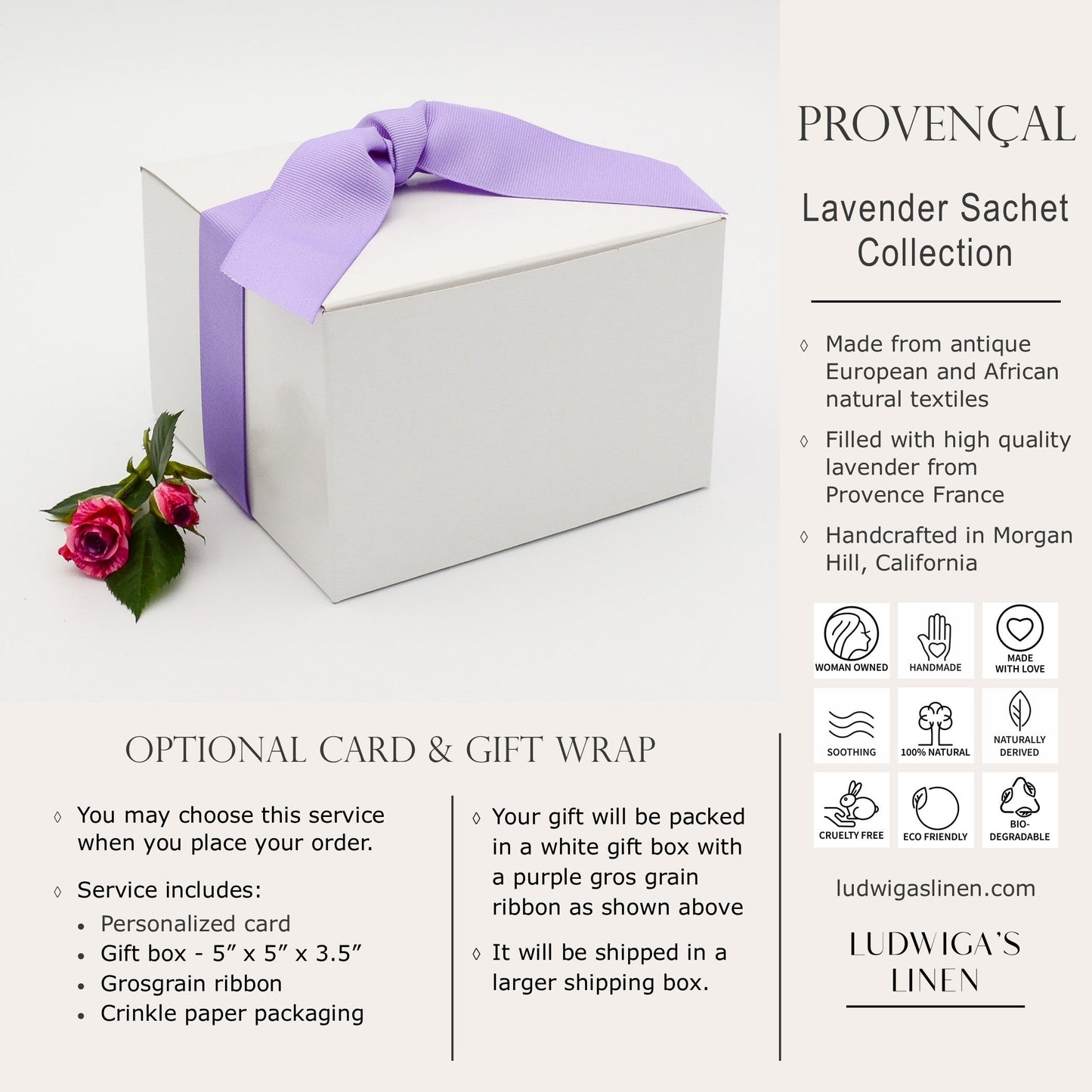 Optional gift box with purple gros grain ribbon, information about Ludwiga's Linen Provençal sachet collection and shipping information