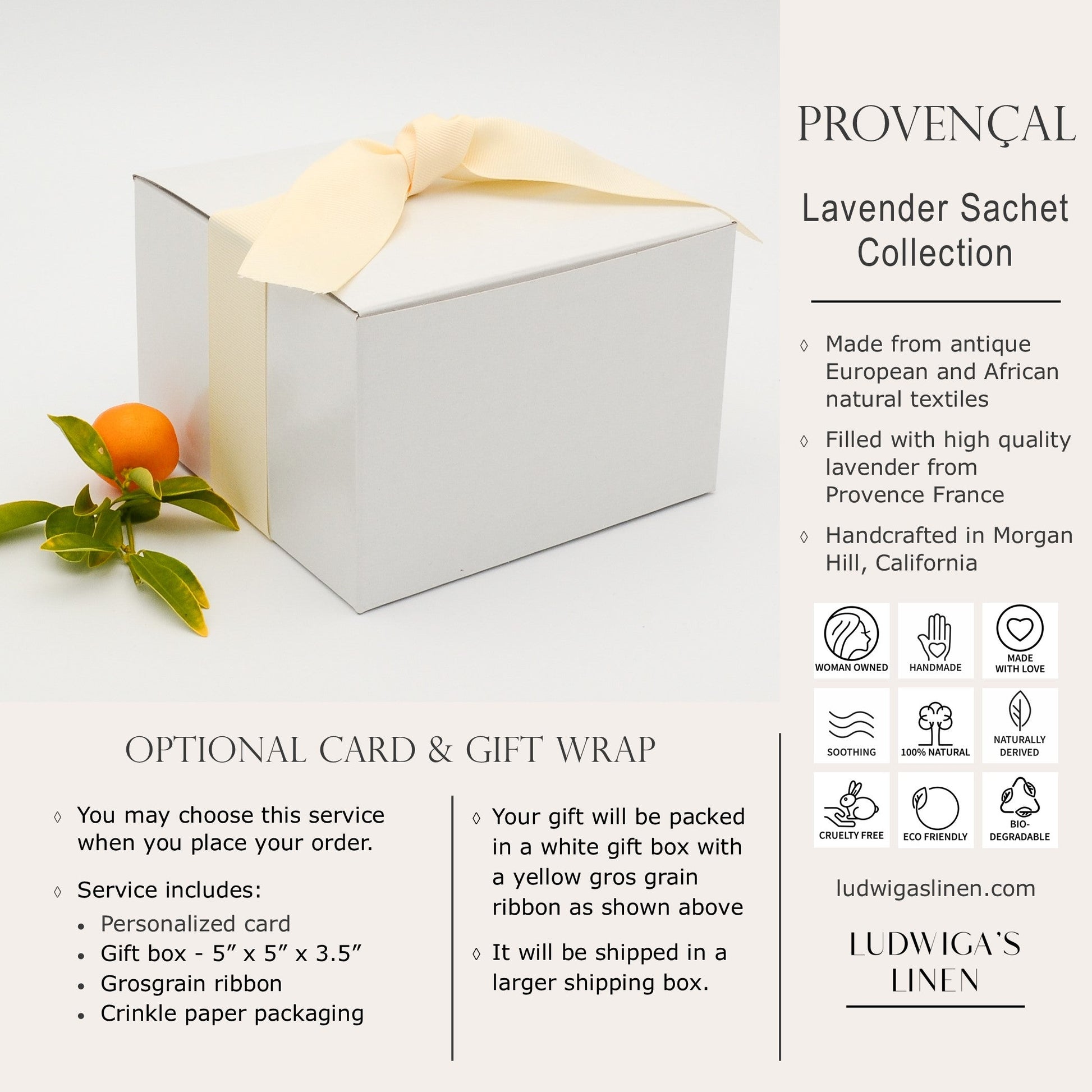 Optional gift box with red gros grain ribbon, information about Ludwiga's Linen Provençal sachet collection and shipping information