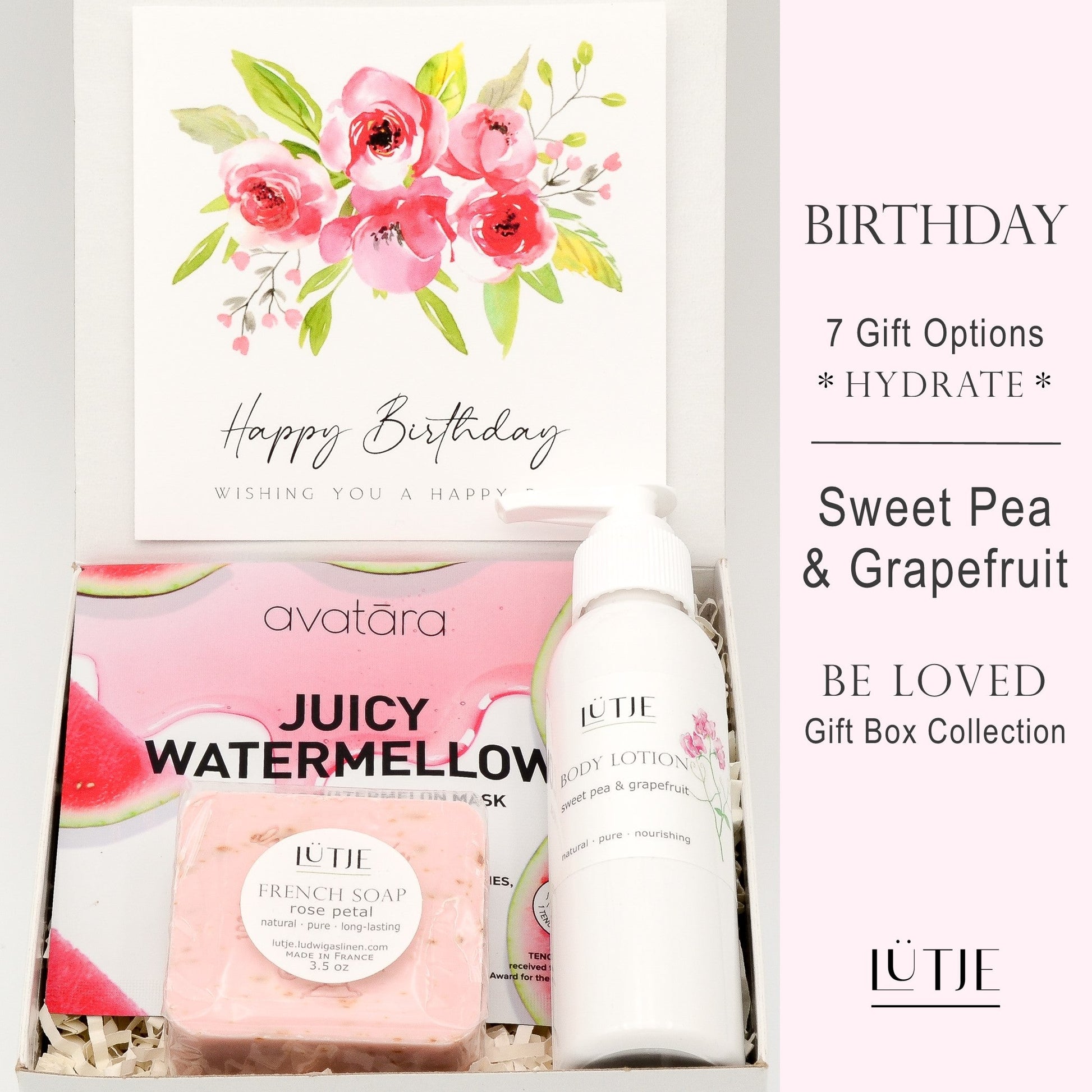 Gift Box for women, wife, daughter, BFF, sister, mom, or grandma, includes Sweet Pea & Grapefruit hand lotion spray and body lotion, essential oil, lip balm, soothing muscle balm, Lavender & Chamomile room & linen spray, French soap, French bath salts, hydrating face mask, other bath, spa and self-care items, and 18K gold-plated necklace with engraved heart.