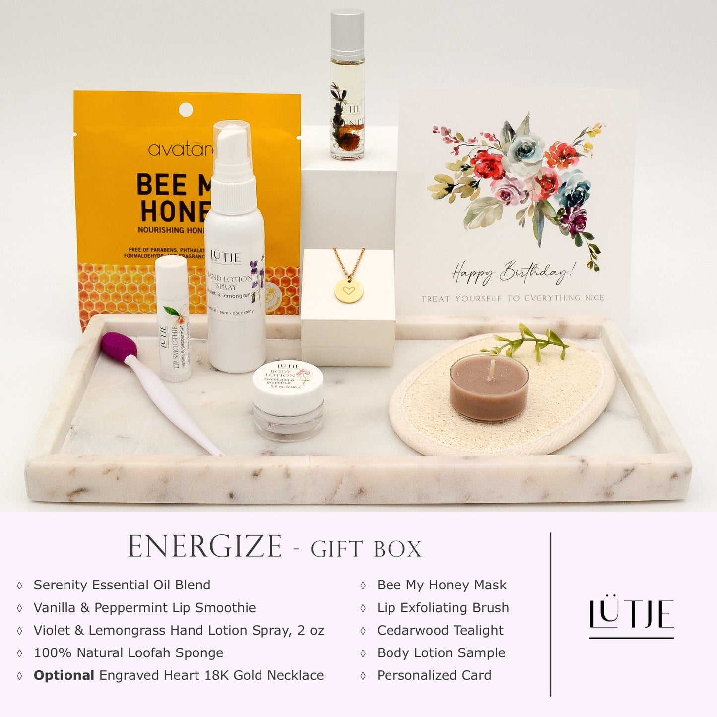Energize Gift Box for women, BFF, wife, daughter, sister, mom, or grandma, includes Violet & Lemongrass hand lotion spray, essential oil, lip balm, hydrating face mask, other bath, spa and self-care items, and optional 18K gold-plated necklace with engraved heart.