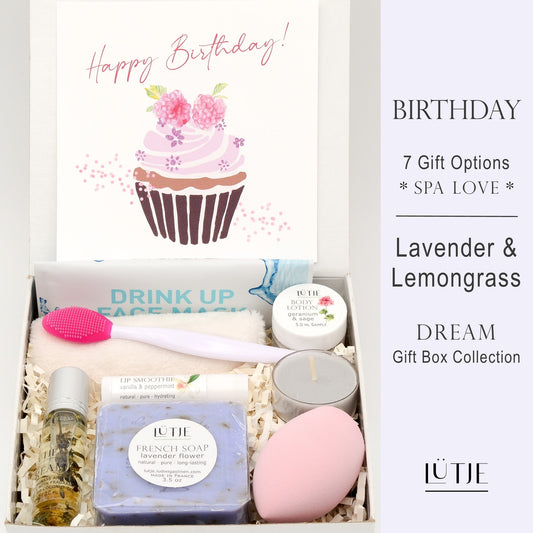 Gift Box for women, wife, daughter, BFF, sister, mom, or grandma, includes Lavender & Lemongrass hand lotion spray and body lotion, essential oil, lip balm, soothing muscle balm, Bergamot & Pear room & linen spray, French soap, French bath salts, hydrating face mask, other bath, spa and self-care items, and 18K gold-plated necklace with engraved heart.