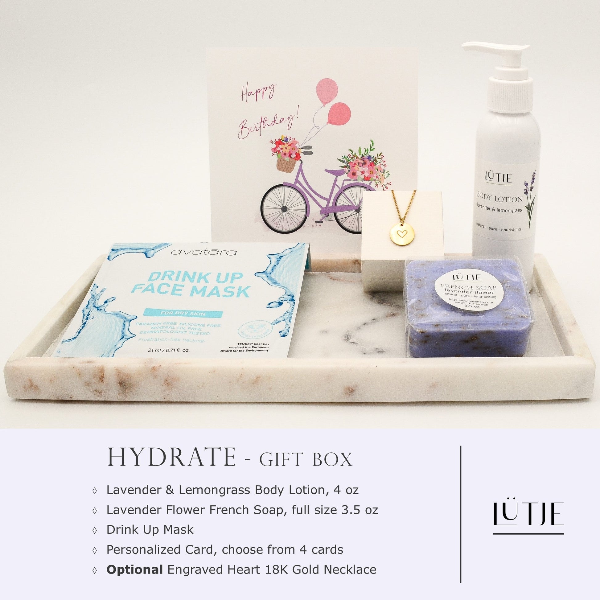 Hydrate Gift Box for women, daughter, mom, BFF, wife, sister or grandma, includes Lavender & Lemongrass body lotion, French soap, hydrating face mask, and optional 18K gold-plated necklace with engraved heart.