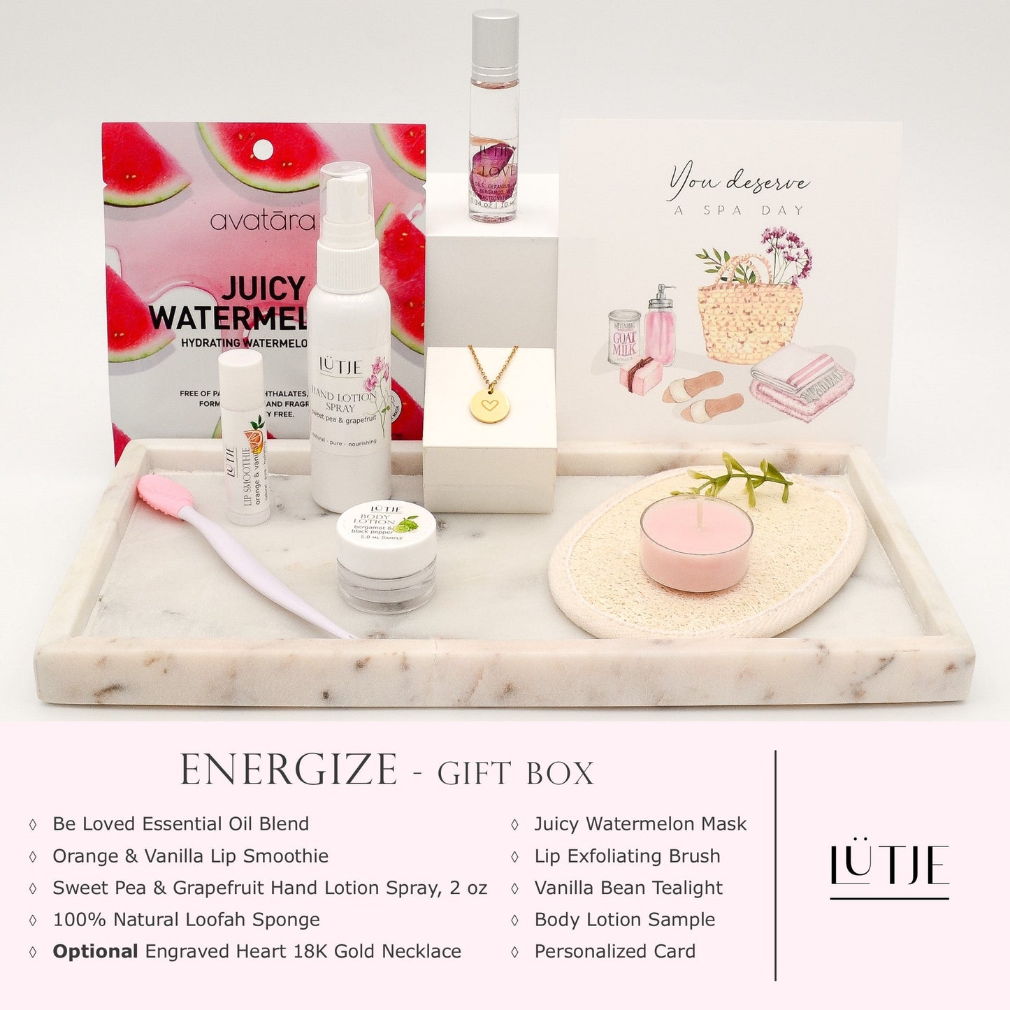 Energize Gift Box for women, BFF, wife, daughter, sister, mom, or grandma, includes Sweet Pea & Grapefruit hand lotion spray, essential oil, lip balm, hydrating face mask, other bath, spa and self-care items, and 18K gold-plated necklace with engraved heart.
