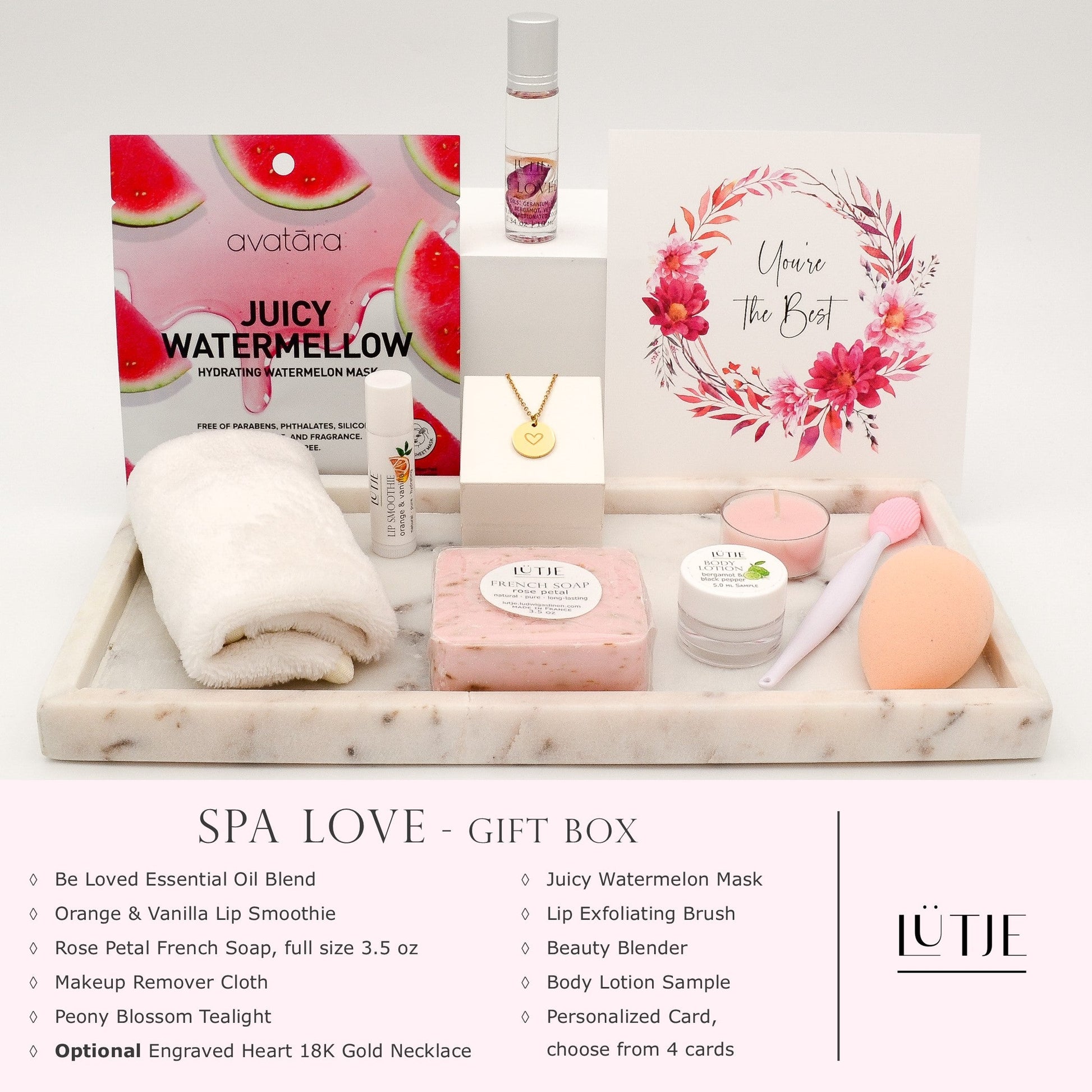 Spa Love Gift Box for women, wife, daughter, sister, mom, BFF, or grandma, includes  essential oil, French soap, lip balm, hydrating face mask, other bath, spa and self-care items, and 18K gold-plated necklace with engraved heart.
