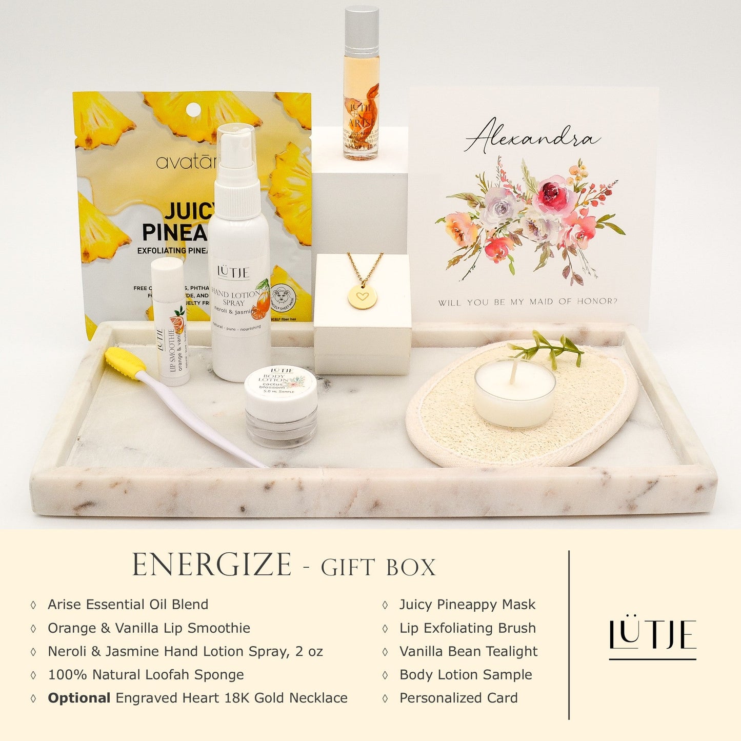 Energize Gift Box for women, BFF, wife, daughter, sister, mom, or grandma, includes Neroli & Jasmine hand lotion spray, essential oil, lip balm, hydrating face mask, other bath, spa and self-care items, and optional 18K gold-plated necklace with engraved heart.