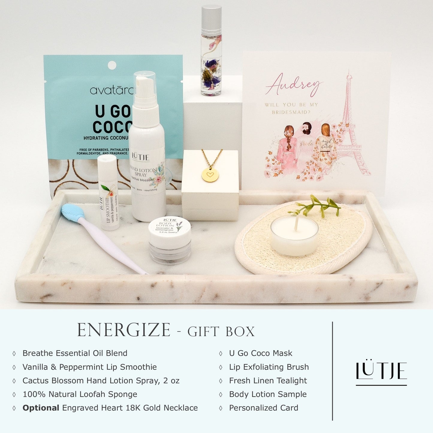 Energize Gift Box for women, BFF, wife, daughter, sister, mom, or grandma, includes Cactus Blossom hand lotion spray, essential oil, lip balm, hydrating face mask, other bath, spa and self-care items, and 18K gold-plated necklace with engraved heart.