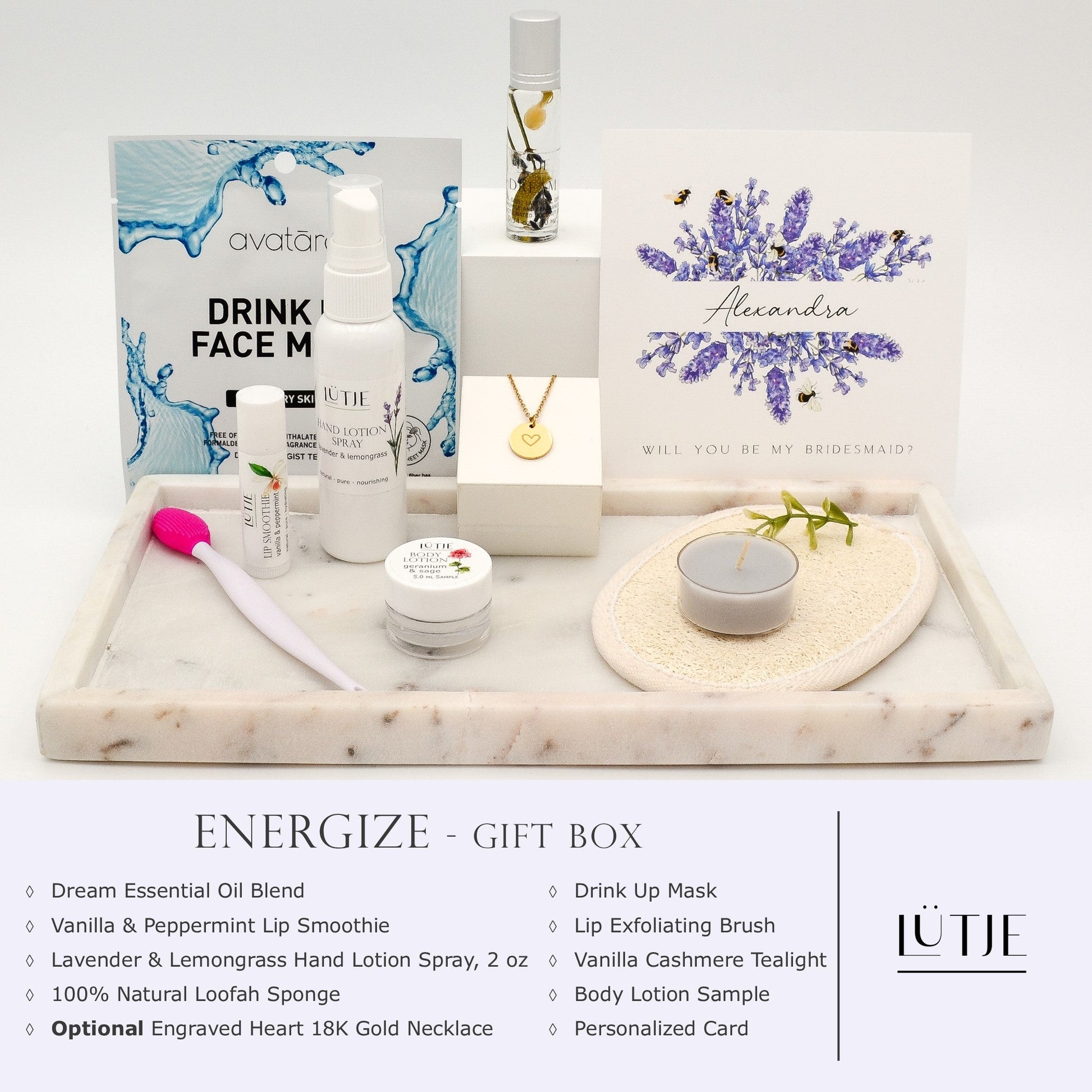 Energize Gift Box for women, BFF, wife, daughter, sister, mom, or grandma, includes Lavender & Lemongrass hand lotion spray, essential oil, lip balm, hydrating face mask, other bath, spa and self-care items, and optional 18K gold-plated necklace with engraved heart.