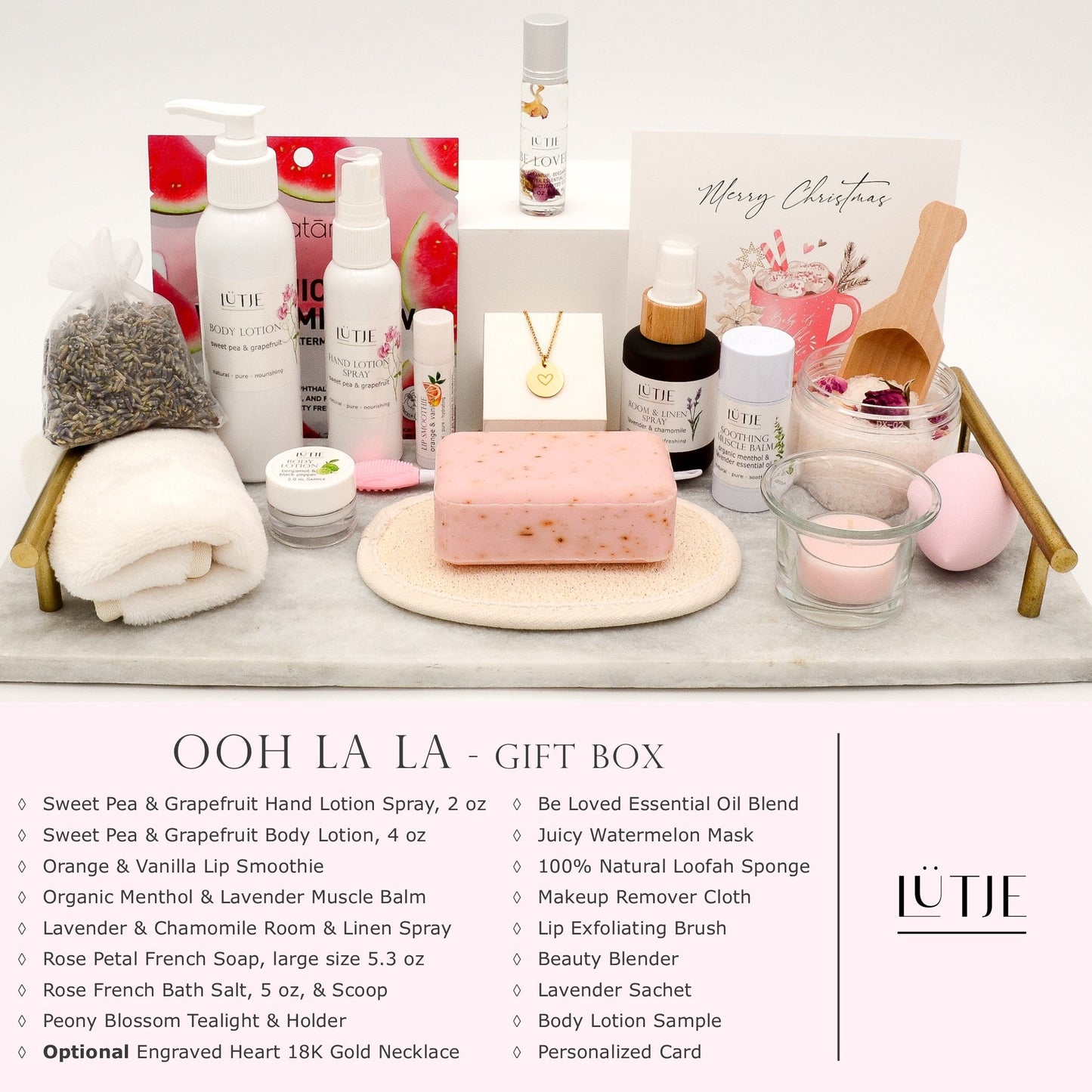 Ooh La La Gift Box for women, wife, daughter, BFF, sister, mom, or grandma, includes Sweet Pea & Grapefruit hand lotion spray and body lotion, essential oil, lip balm, soothing muscle balm, Lavender & Chamomile room & linen spray, French soap, French bath salts, hydrating face mask, other bath, spa and self-care items, and 18K gold-plated necklace with engraved heart.