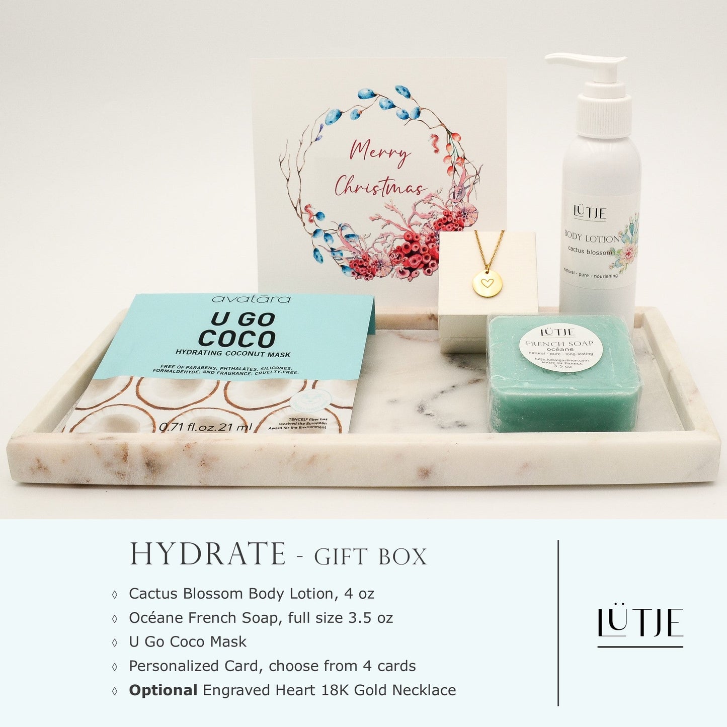 Hydrate Gift Box for women, daughter, mom, BFF, wife, sister or grandma, includes Cactus Blossom body lotion, French soap, hydrating face mask, and 18K gold-plated necklace with engraved heart.