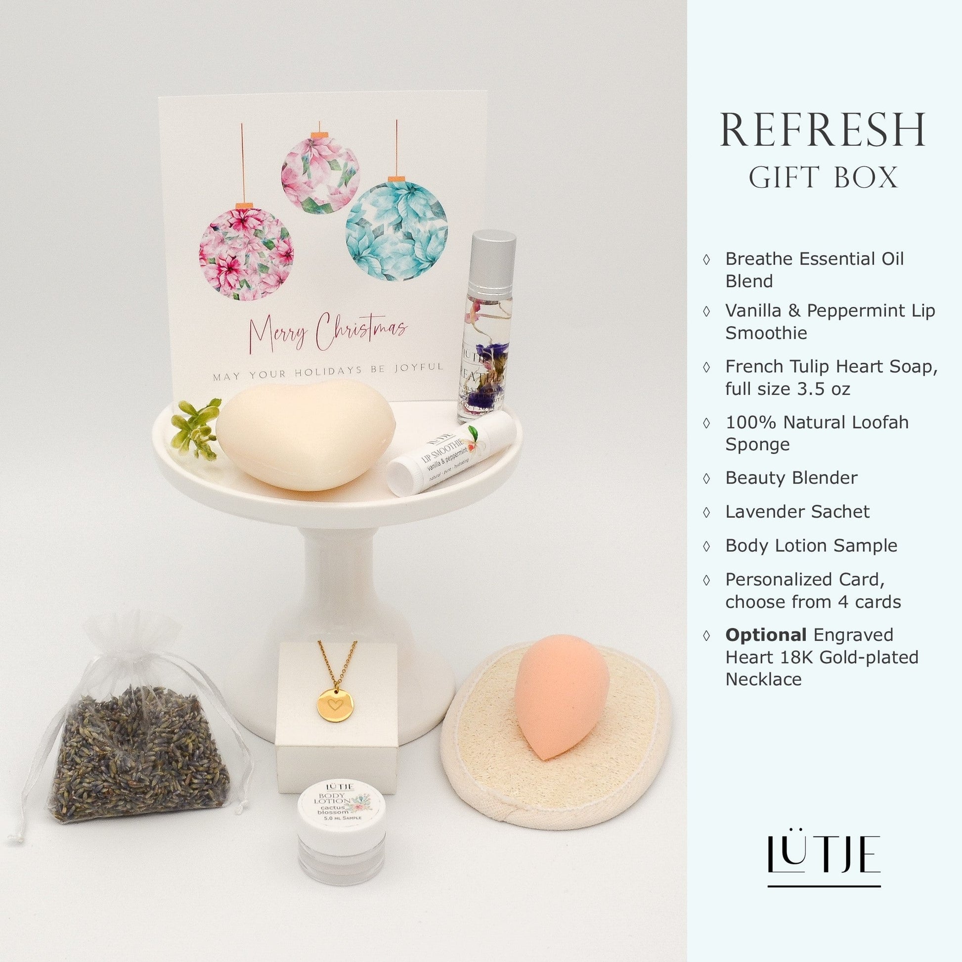 Refresh Gift Box for women, mom, BFF, wife, daughter, sister, or grandma, includes essential oil, French soap, lip balm, hydrating face mask, and 18K gold-plated necklace with engraved heart.