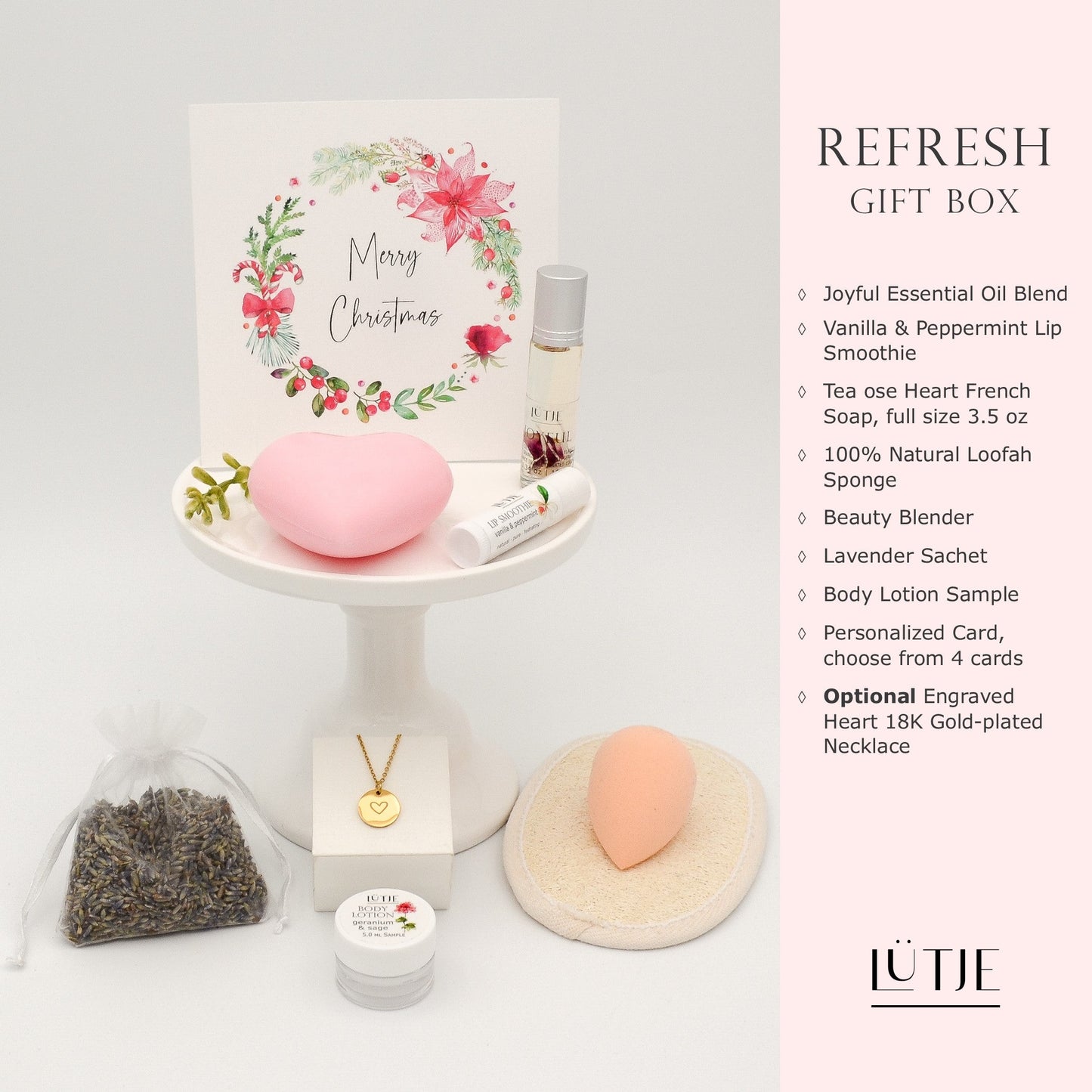 Refresh Gift Box for women, mom, BFF, wife, daughter, sister, or grandma, includes essential oil, French soap, lip balm, hydrating face mask, and 18K gold-plated necklace with engraved heart.