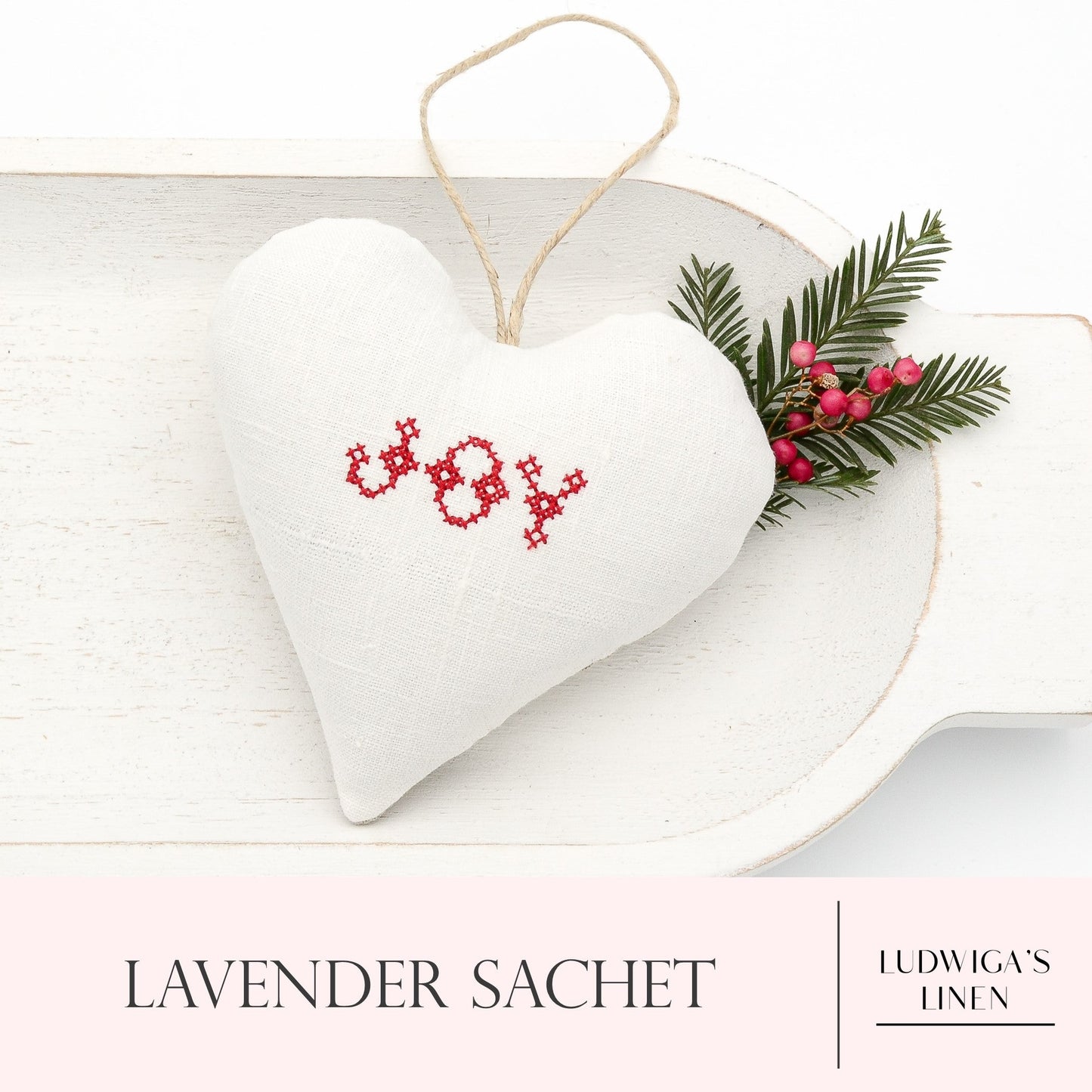 Antique/vintage French/German linen Christmas lavender sachet heart, hemp twine tie and filled with high quality lavender from Provence France