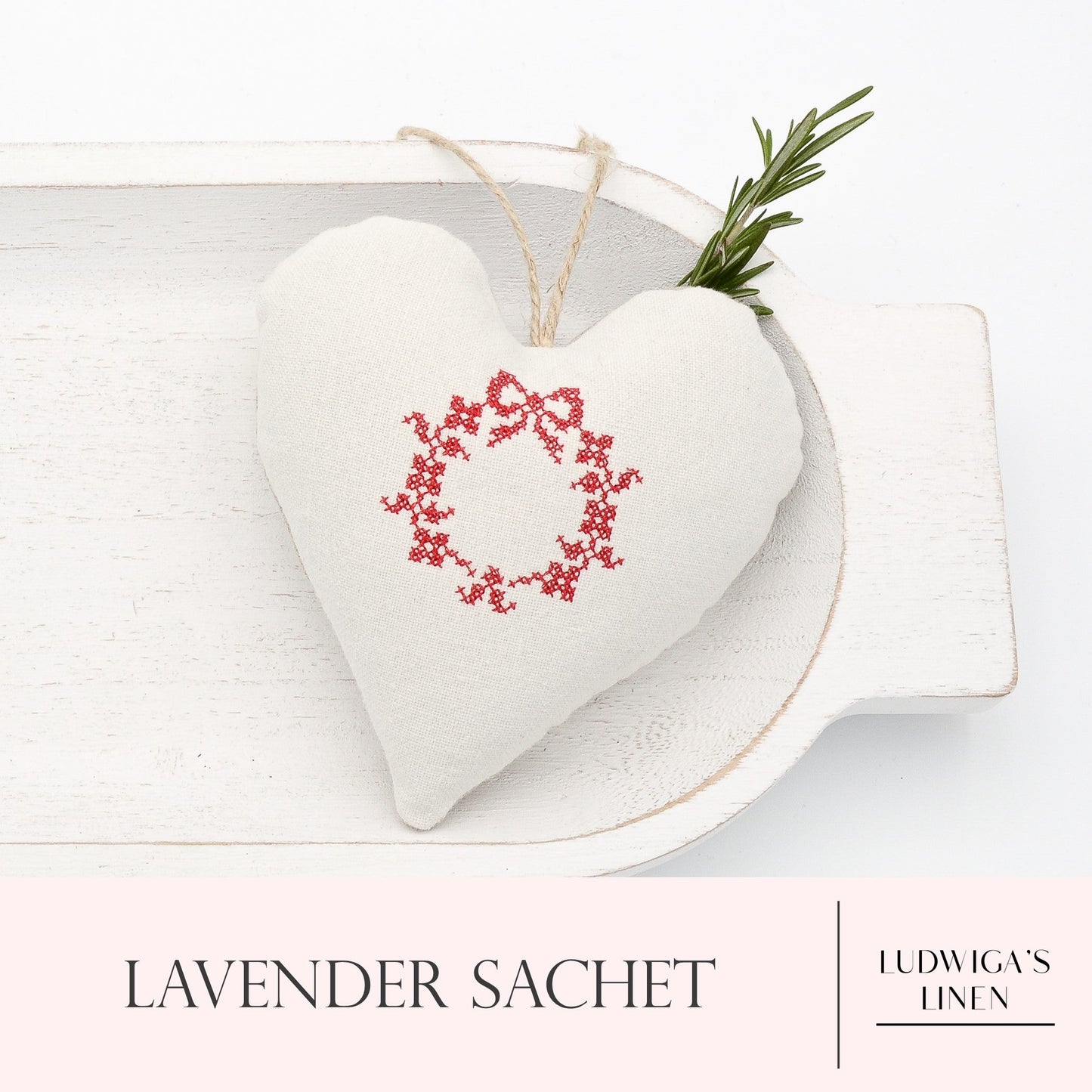 Antique/vintage French/German linen Christmas lavender sachet heart, hemp twine tie and filled with high quality lavender from Provence France