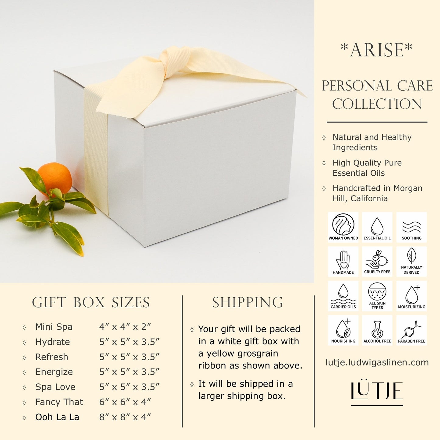 Gift Box for women Neroli & Jasmine Arise Collection shipping and general information including made with natural and healthy ingredients,woman owned, handmade, cruelty free, naturally derived, pure essential oils, all skin types, moisturizing, soothing, nourishing, alcohol free and paraben free. 