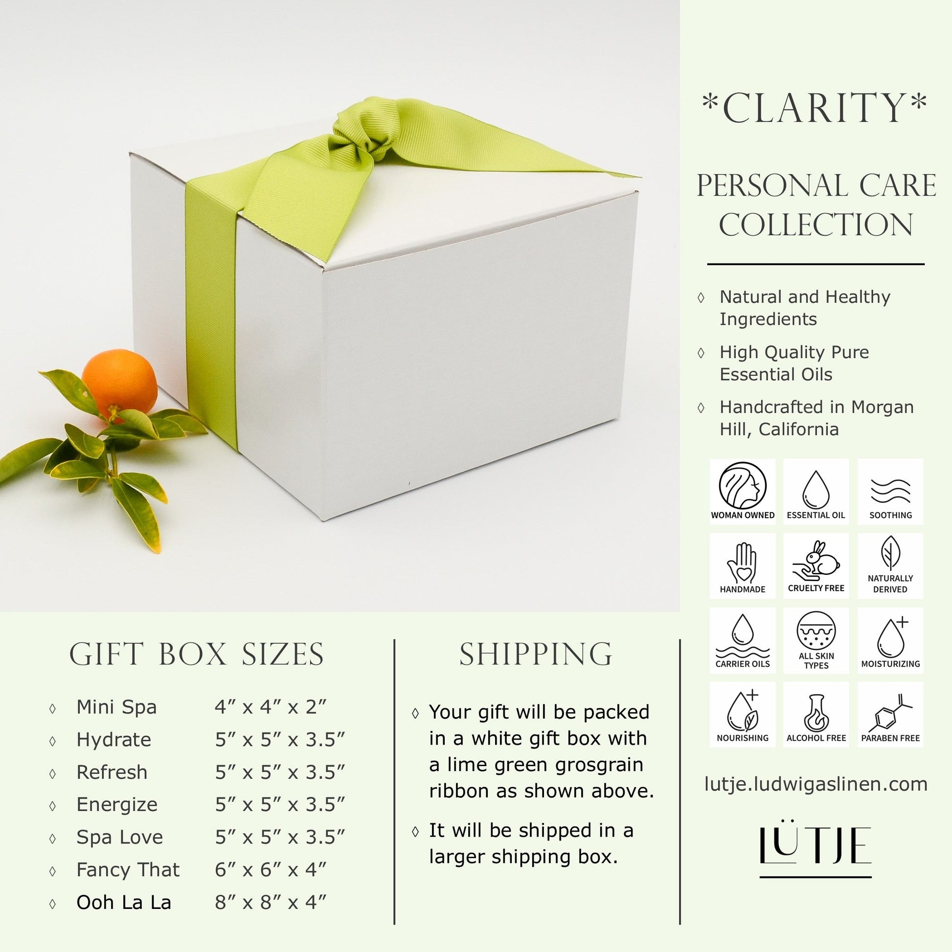 Gift Box for women Bergamot & Black Pepper Arise Collection shipping and general information including made with natural and healthy ingredients,woman owned, handmade, cruelty free, naturally derived, pure essential oils, all skin types, moisturizing, soothing, nourishing, alcohol free and paraben free. 
