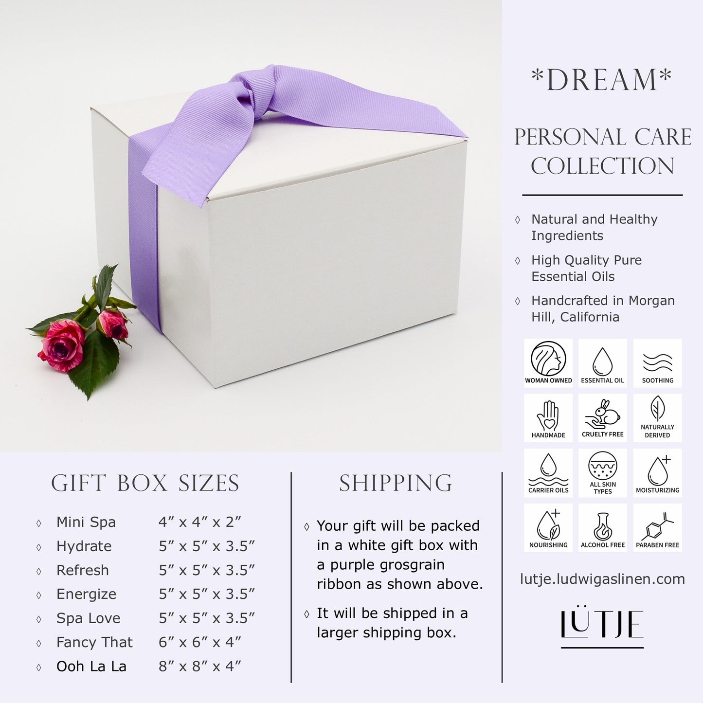Gift Box for women Lavender & Lemongrass Arise Collection shipping and general information including made with natural and healthy ingredients,woman owned, handmade, cruelty free, naturally derived, pure essential oils, all skin types, moisturizing, soothing, nourishing, alcohol free and paraben free. 