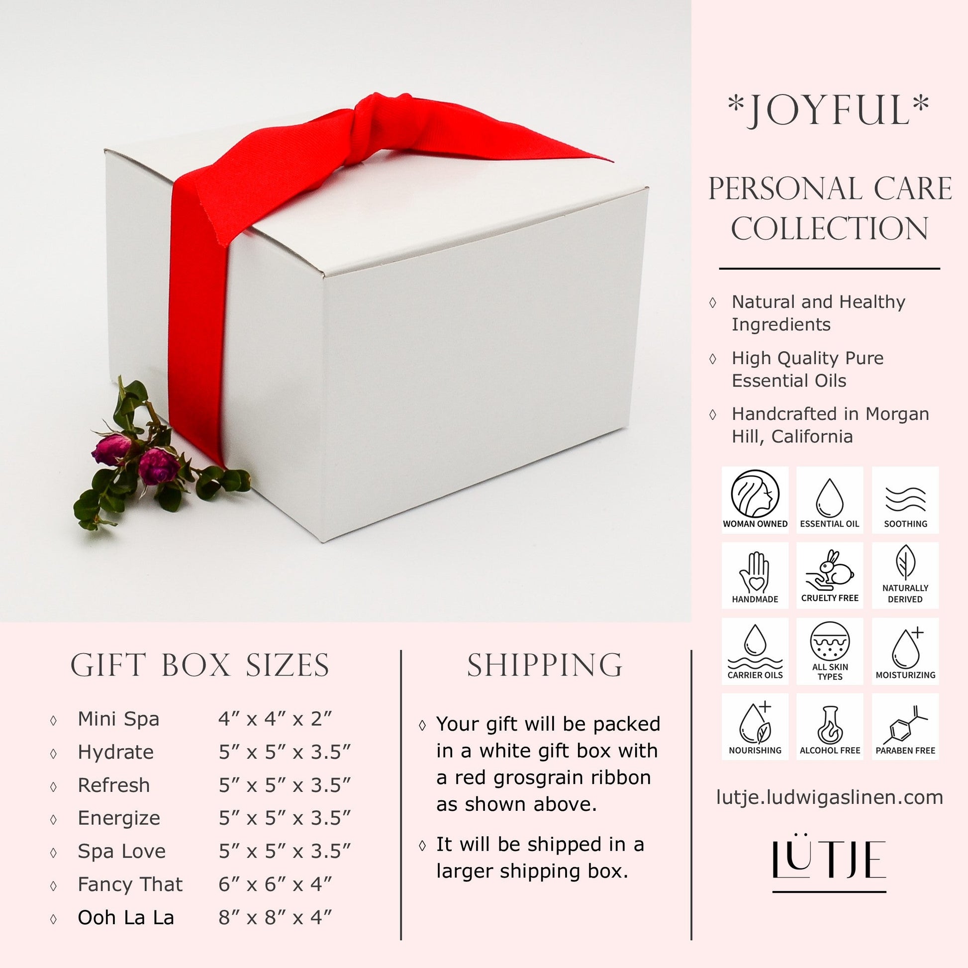 Gift Box for women Geranium & Sage Be Loved Collection shipping and general information including made with natural and healthy ingredients,woman owned, handmade, cruelty free, naturally derived, pure essential oils, all skin types, moisturizing, soothing, nourishing, alcohol free and paraben free. 