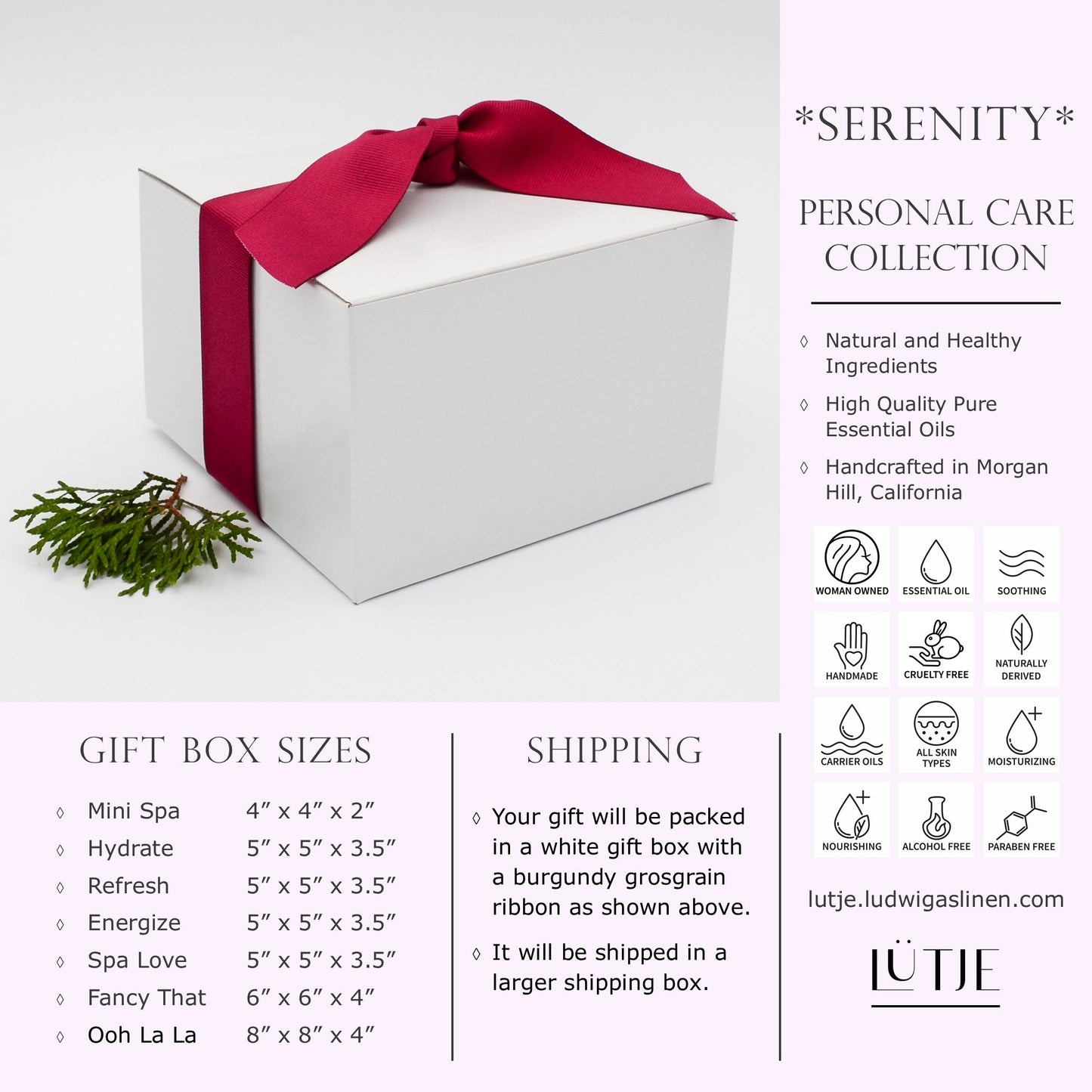Gift Box for women Violet & Lemongrass Arise Collection shipping and general information including made with natural and healthy ingredients,woman owned, handmade, cruelty free, naturally derived, pure essential oils, all skin types, moisturizing, soothing, nourishing, alcohol free and paraben free. 