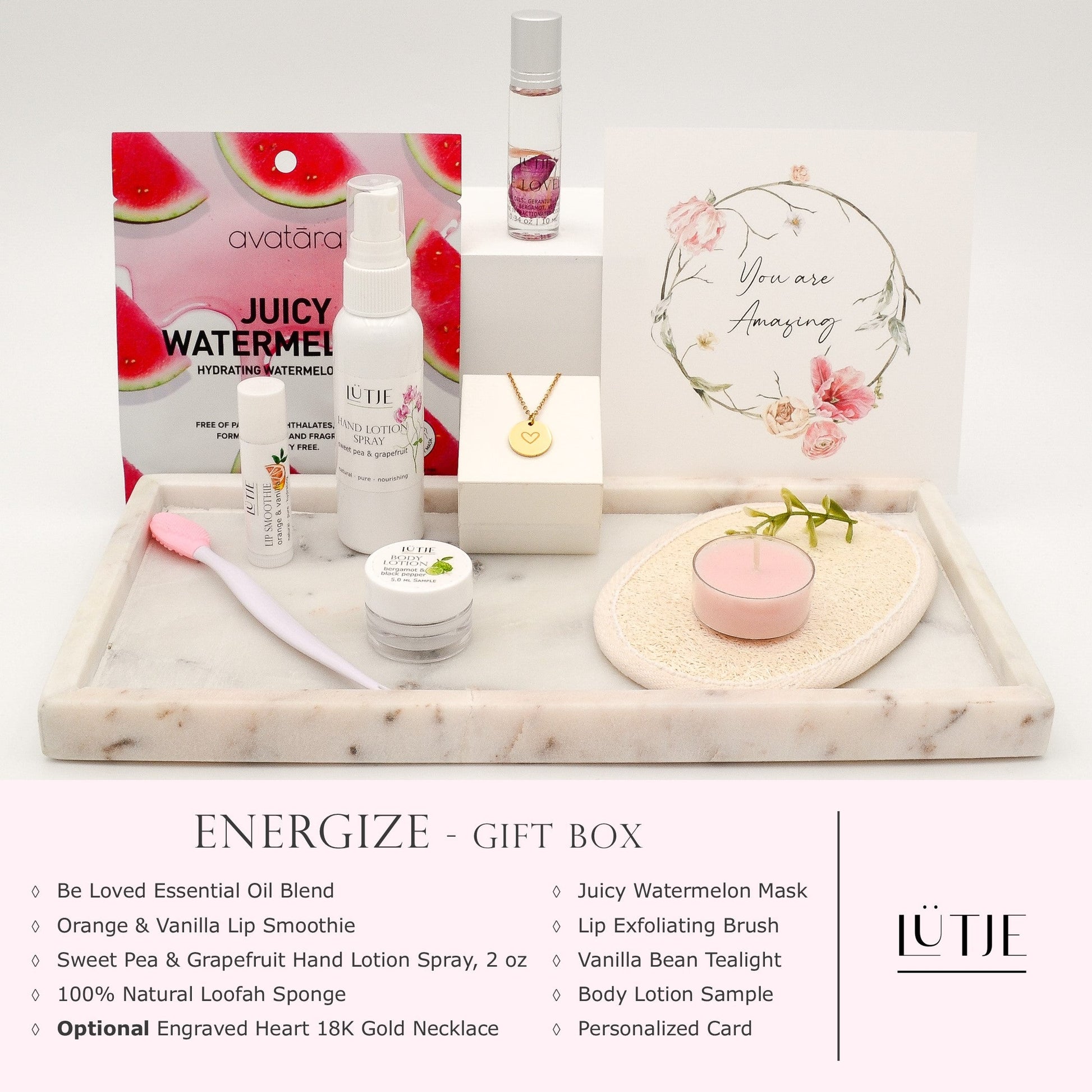 Energize Gift Box for women, BFF, wife, daughter, sister, mom, or grandma, includes Sweet Pea & Grapefruit hand lotion spray, essential oil, lip balm, hydrating face mask, other bath, spa and self-care items, and 18K gold-plated necklace with engraved heart.