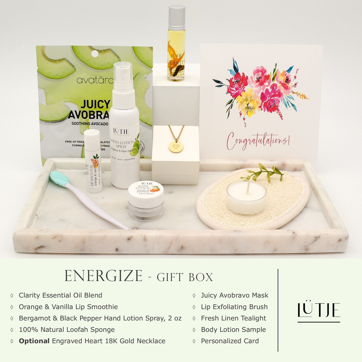Energize Gift Box for women, BFF, wife, daughter, sister, mom, or grandma, includes Bergamot & Black Pepper hand lotion spray, essential oil, lip balm, hydrating face mask, other bath, spa and self-care items, and optional 18K gold-plated necklace with engraved heart.