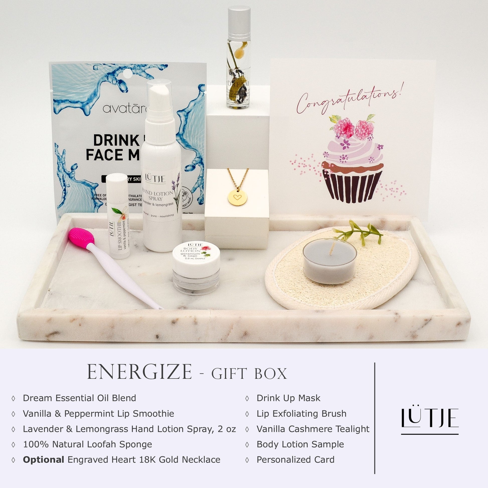 Energize Gift Box for women, BFF, wife, daughter, sister, mom, or grandma, includes Lavender & Lemongrass hand lotion spray, essential oil, lip balm, hydrating face mask, other bath, spa and self-care items, and optional 18K gold-plated necklace with engraved heart.