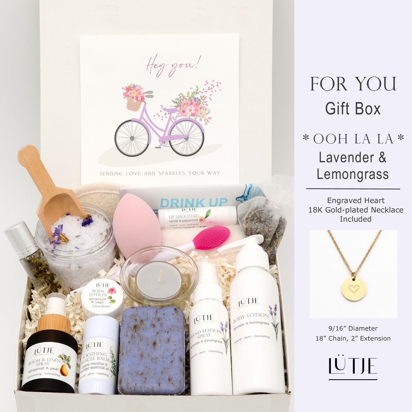 Gift Boxes for women, wife, daughter, BFF, sister, mom, or grandma, includes Lavender & Lemongrass hand lotion spray and body lotion, essential oil, lip balm, soothing muscle balm, Bergamot & Pear room & linen spray, French soap, French bath salts, hydrating face mask, other bath, spa and self-care items, and 18K gold-plated necklace with engraved heart.