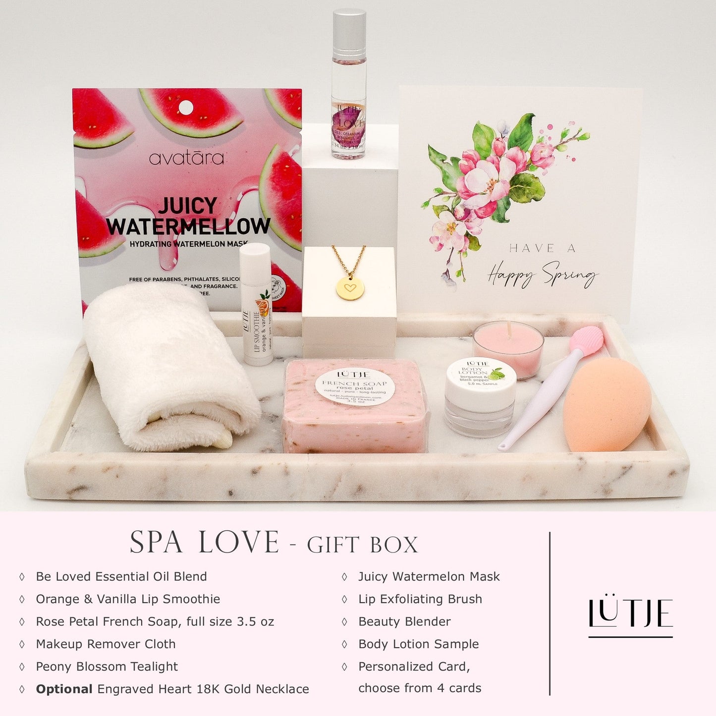 Spa Love Gift Box for women, wife, daughter, sister, mom, BFF, or grandma, includes  essential oil, French soap, lip balm, hydrating face mask, other bath, spa and self-care items, and 18K gold-plated necklace with engraved heart.