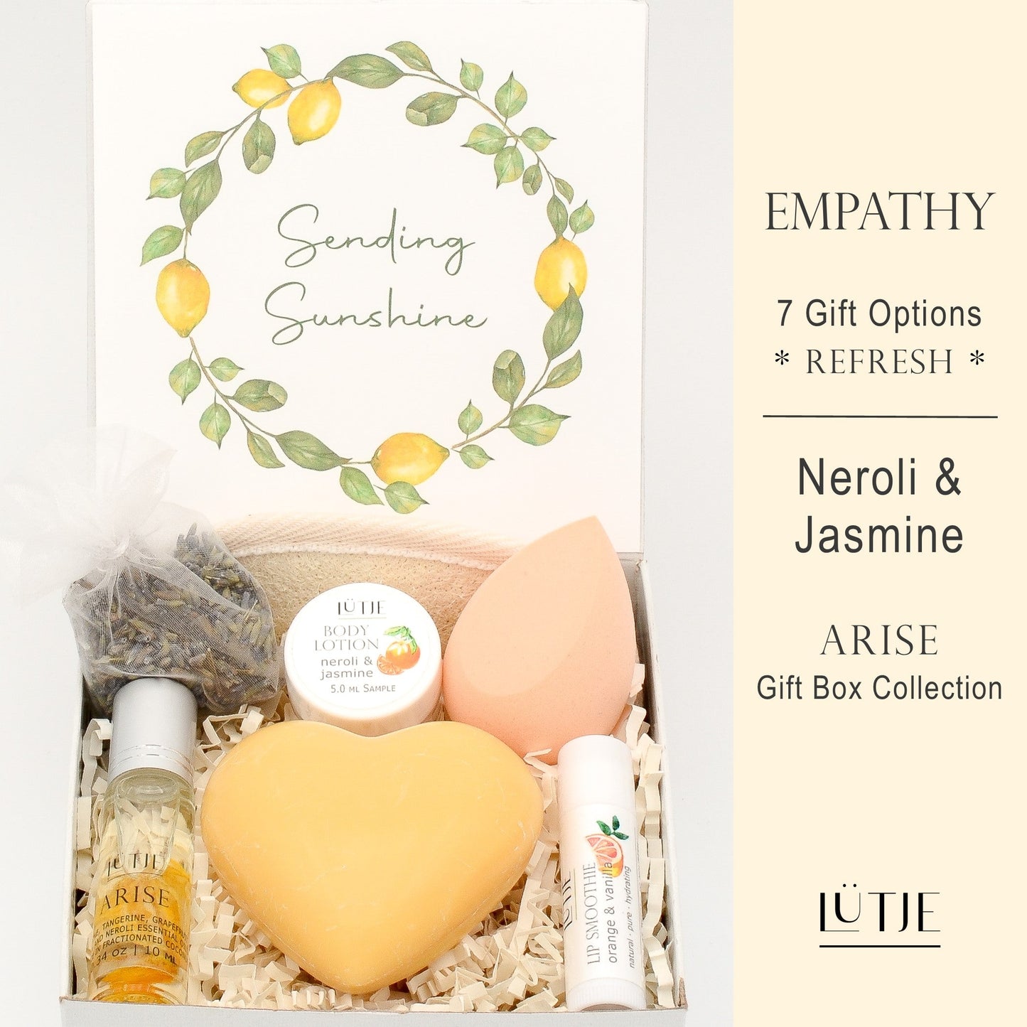 Gift Box for women, wife, daughter, BFF, sister, mom, or grandma, includes Neroli & Jasmine hand lotion spray and body lotion, essential oil, lip balm, soothing muscle balm, Bergamot & Pear room & linen spray, French soap, French bath salts, hydrating face mask, other bath, spa and self-care items, and 18K gold-plated necklace with engraved heart.