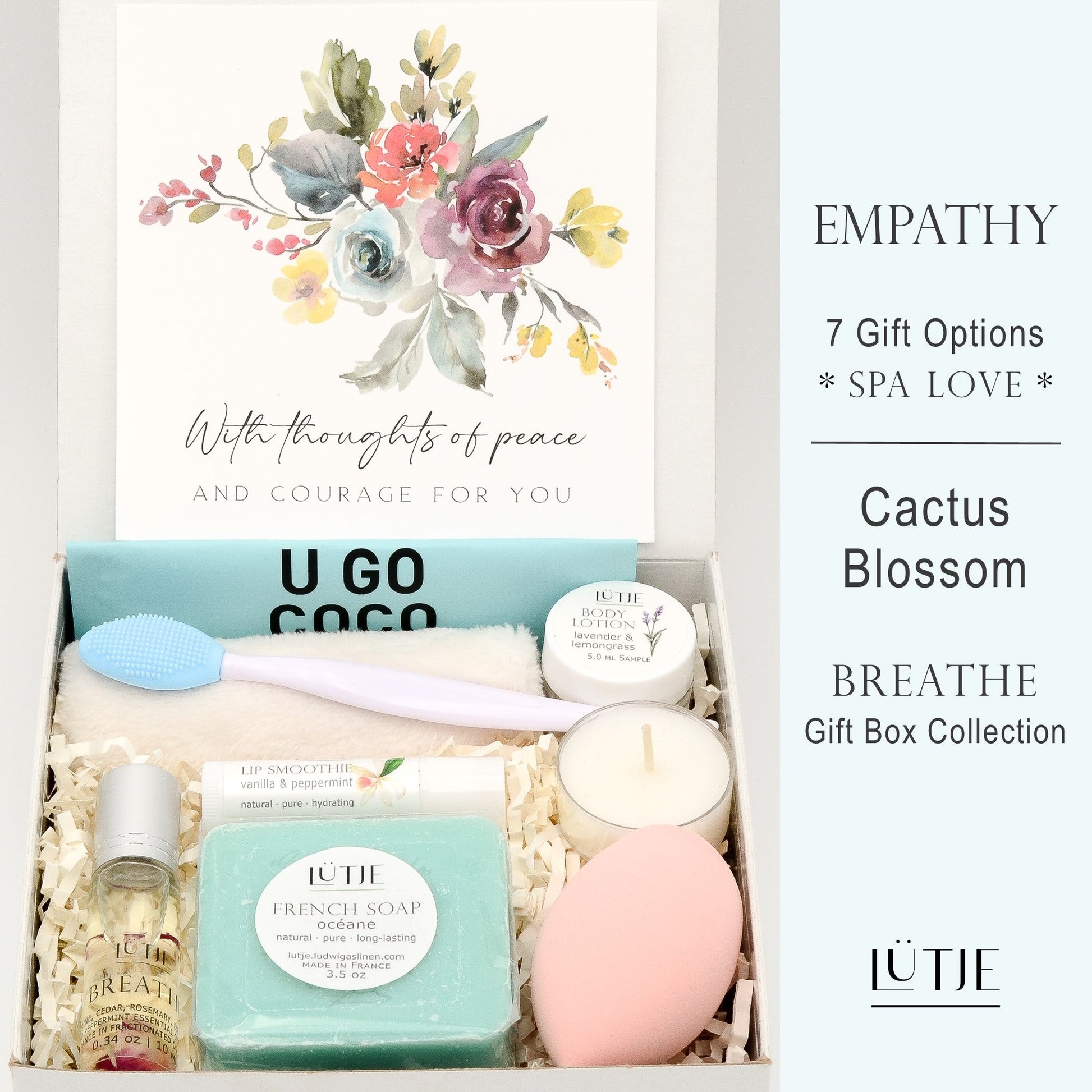 Gift Box for women, wife, daughter, BFF, sister, mom, or grandma, includes Cactus Blossom hand lotion spray and body lotion, essential oil, lip balm, soothing muscle balm, Lavender & Chamomile room & linen spray, French soap, French bath salts, hydrating face mask, other bath, spa and self-care items, and 18K gold-plated necklace with engraved heart.