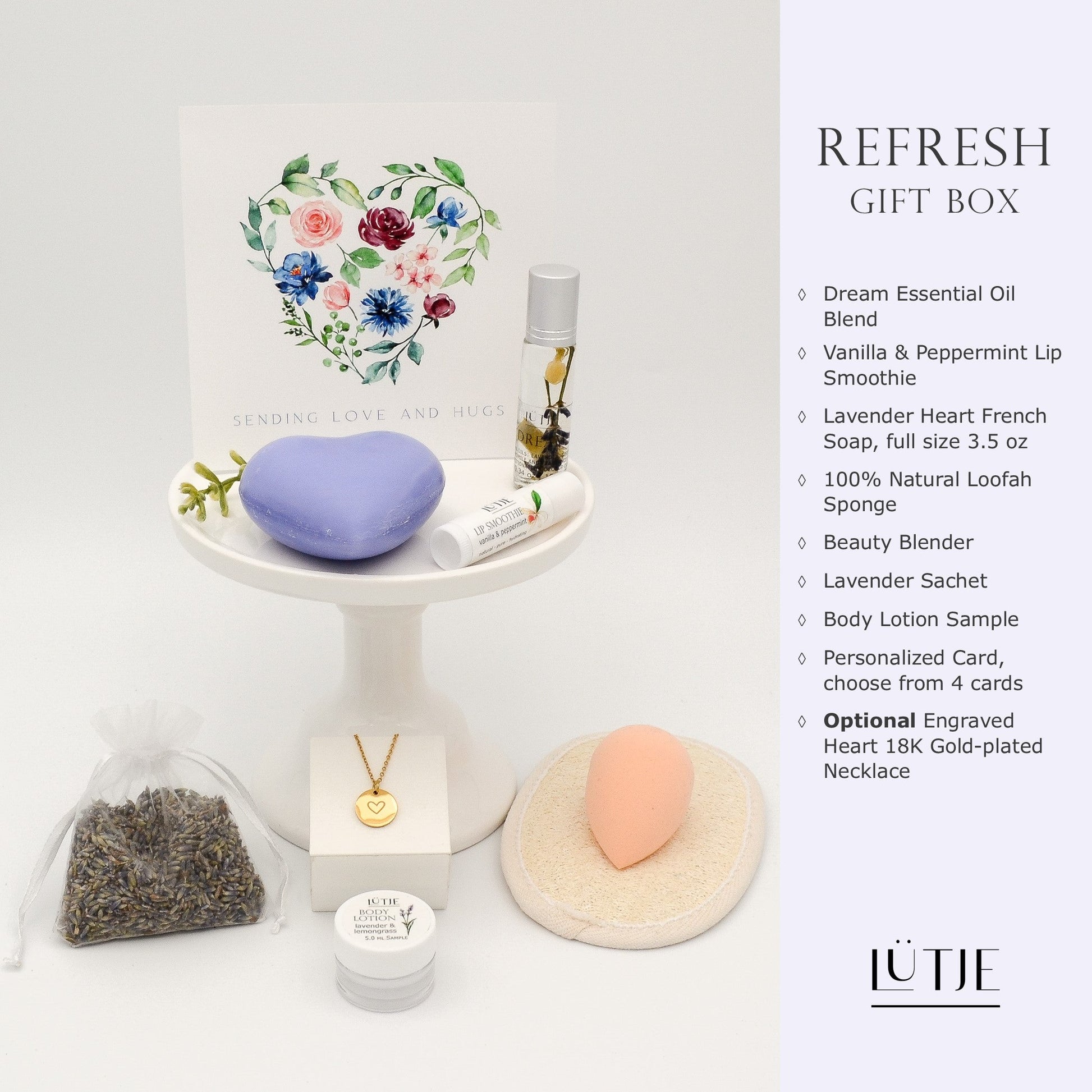 Refresh Gift Box for women, mom, BFF, wife, daughter, sister, or grandma, includes essential oil, French soap, lip balm, hydrating face mask, and optional 18K gold-plated necklace with engraved heart.