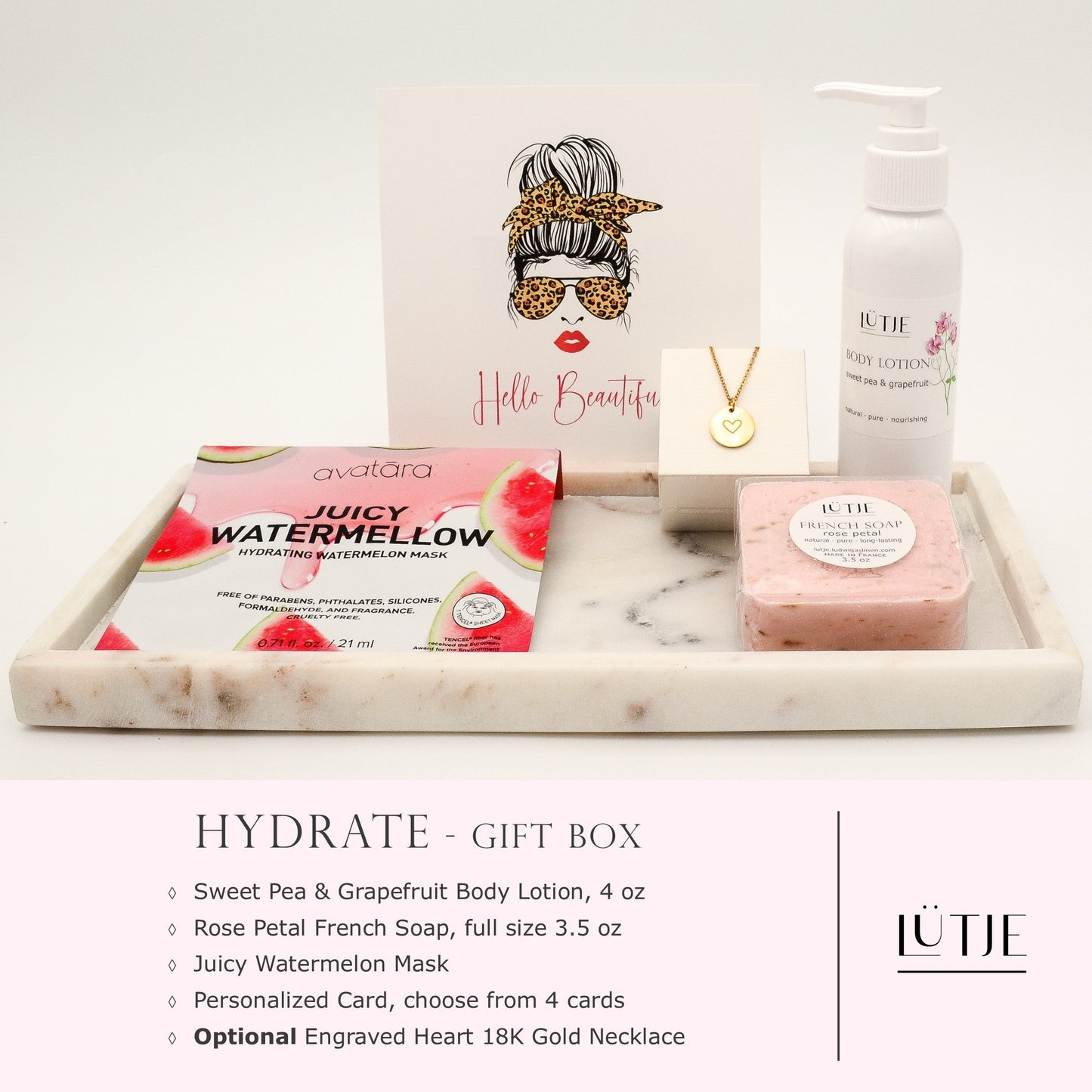 Hydrate Gift Box for women, daughter, mom, BFF, wife, sister or grandma, includes Sweet Pea & Grapefruit body lotion, French soap, hydrating face mask, and 18K gold-plated necklace with engraved heart.